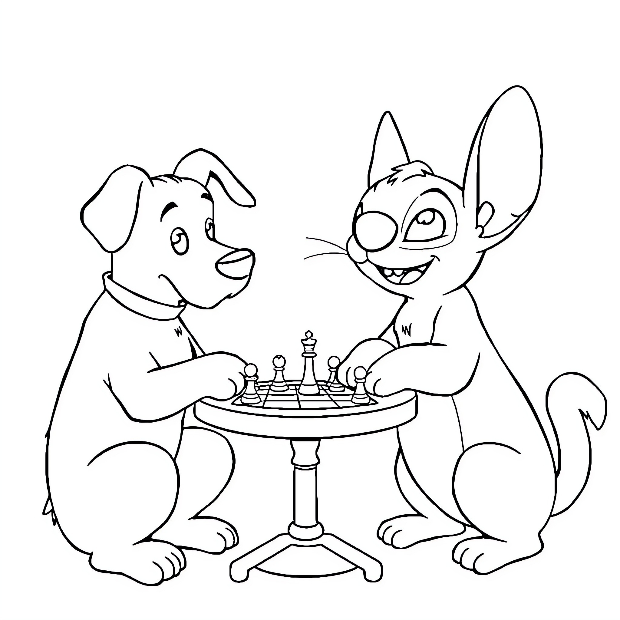 Dog and cat playing chess together Coloring Page (free black-and-white line drawing printable PDF for all, from beginners to advanced learners, including children, teens, adults, and seniors)
