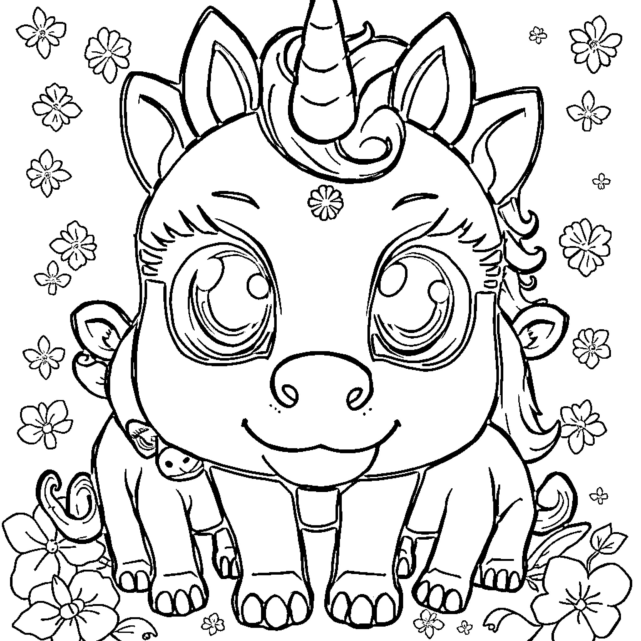 Unicorn enjoying flowers in the garden Coloring Page (free black-and-white line drawing printable PDF for all, from beginners to advanced learners, including children, teens, adults, and seniors)