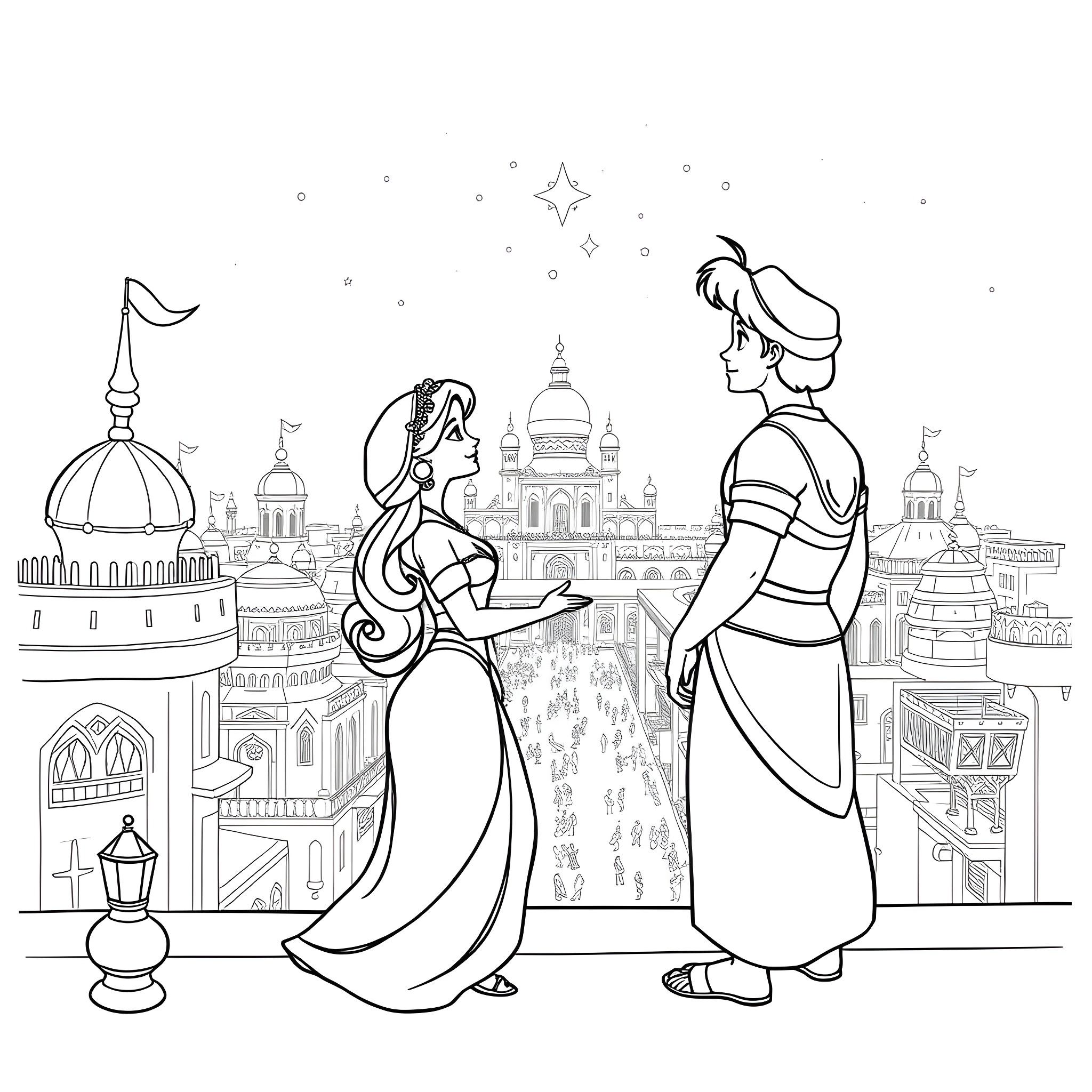 Jasmine and Aladdin exploring the palace in Agrabah Coloring Page (free black-and-white line drawing printable PDF for all, from beginners to advanced learners, including children, teens, adults, and seniors)
