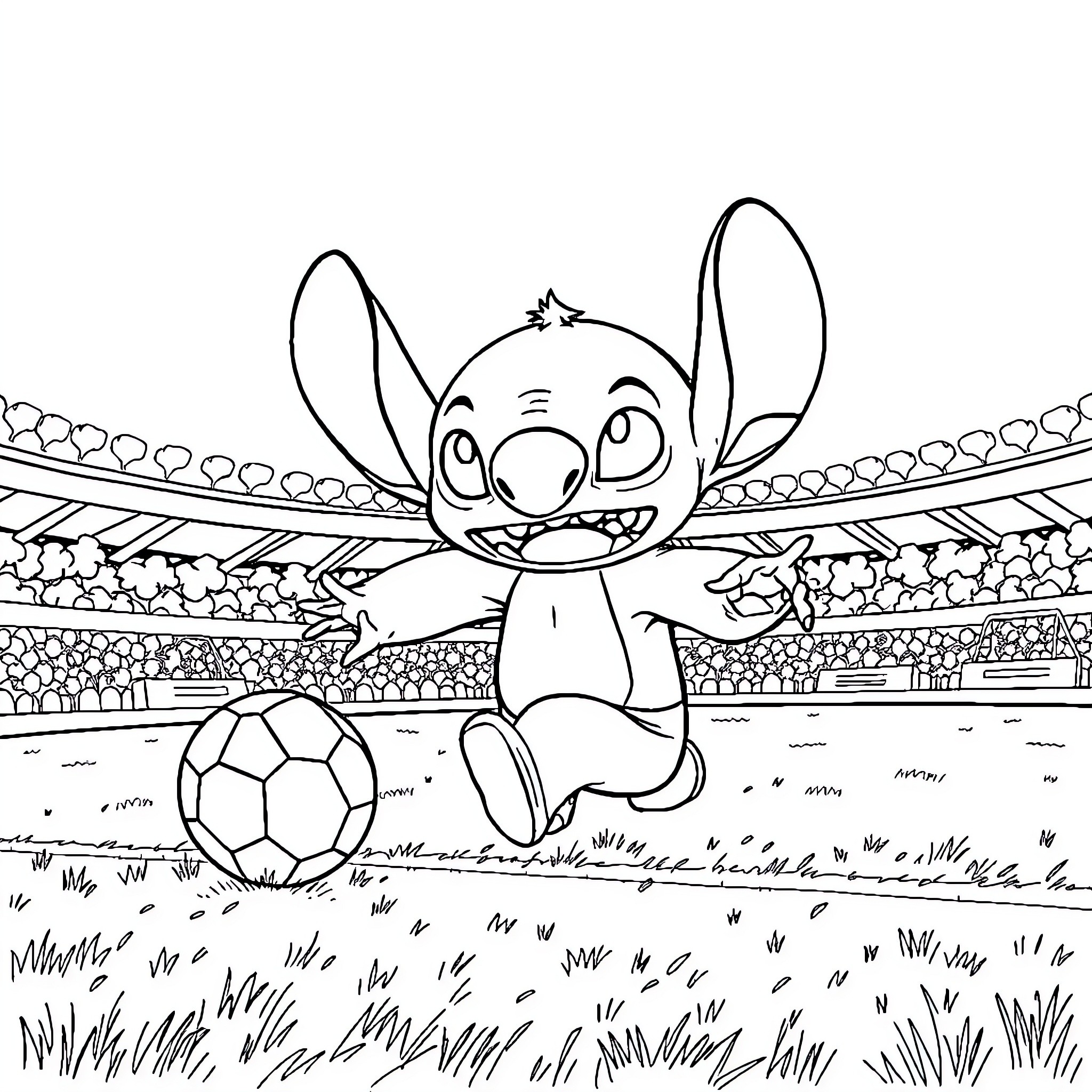 Stitch playing soccer in the stadium Coloring Page (free black-and-white line drawing printable PDF for all, from beginners to advanced learners, including children, teens, adults, and seniors)