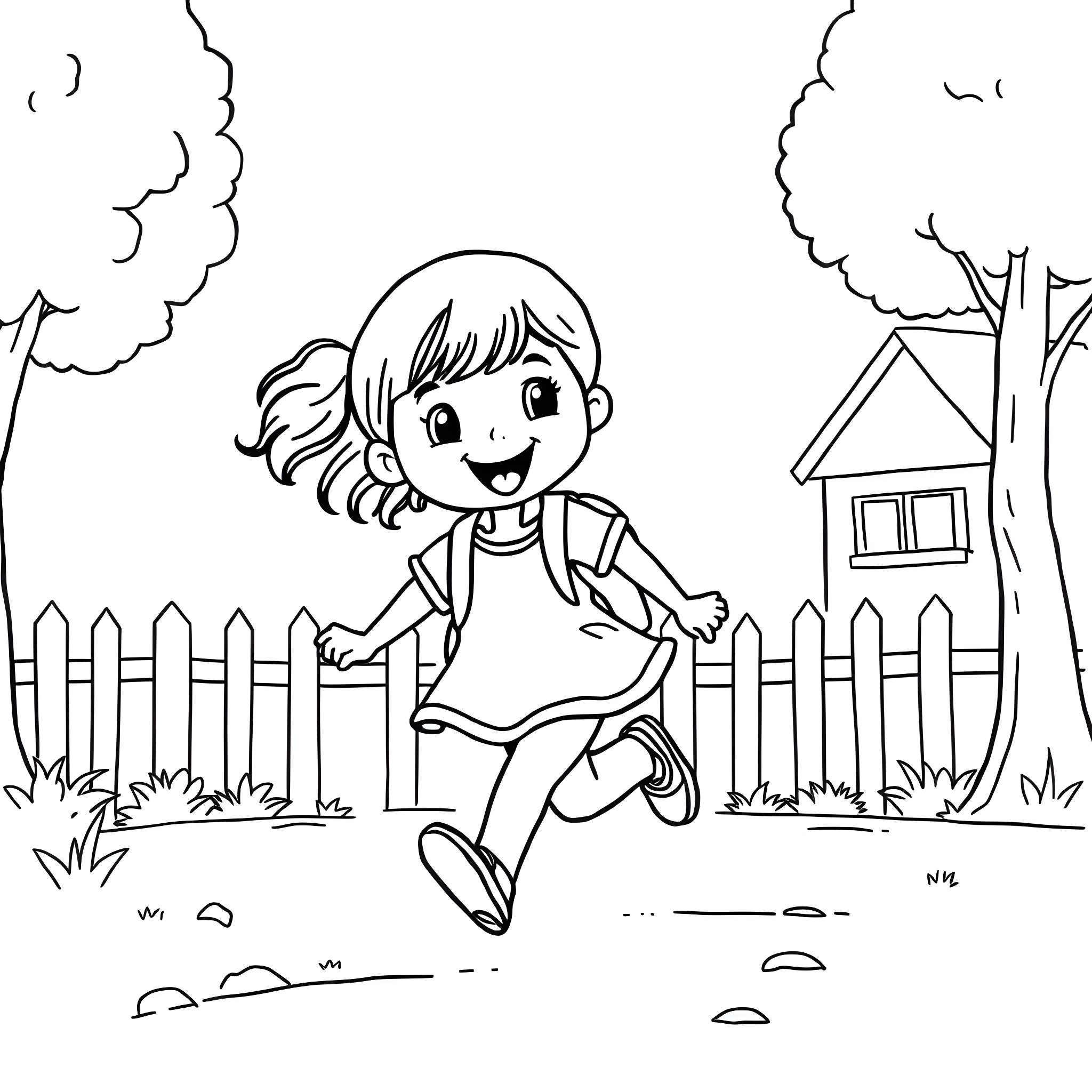 Girl running happily in the neighborhood Coloring Page (free black-and-white line drawing printable PDF for all, from beginners to advanced learners, including children, teens, adults, and seniors)
