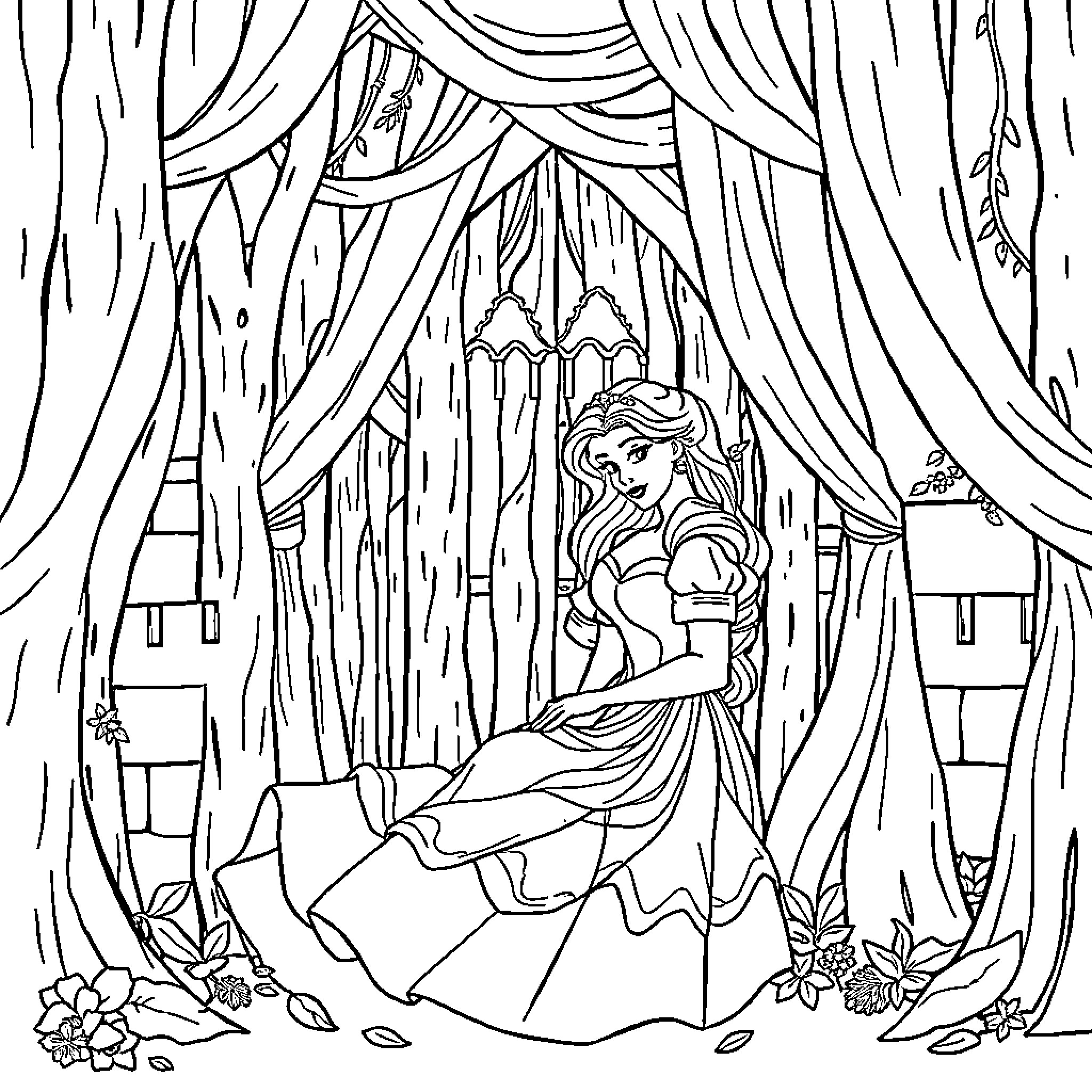 Sleeping Beauty resting in a enchanted forest Coloring Page (free black-and-white line drawing printable PDF for all, from beginners to advanced learners, including children, teens, adults, and seniors)