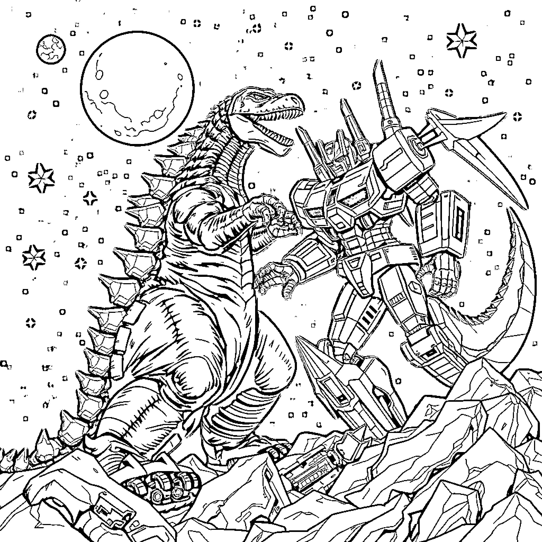 Godzilla Battles Mecha-Kaiju in Cosmic Chaos Coloring Page (free black-and-white line drawing printable PDF for all, from beginners to advanced learners, including children, teens, adults, and seniors)