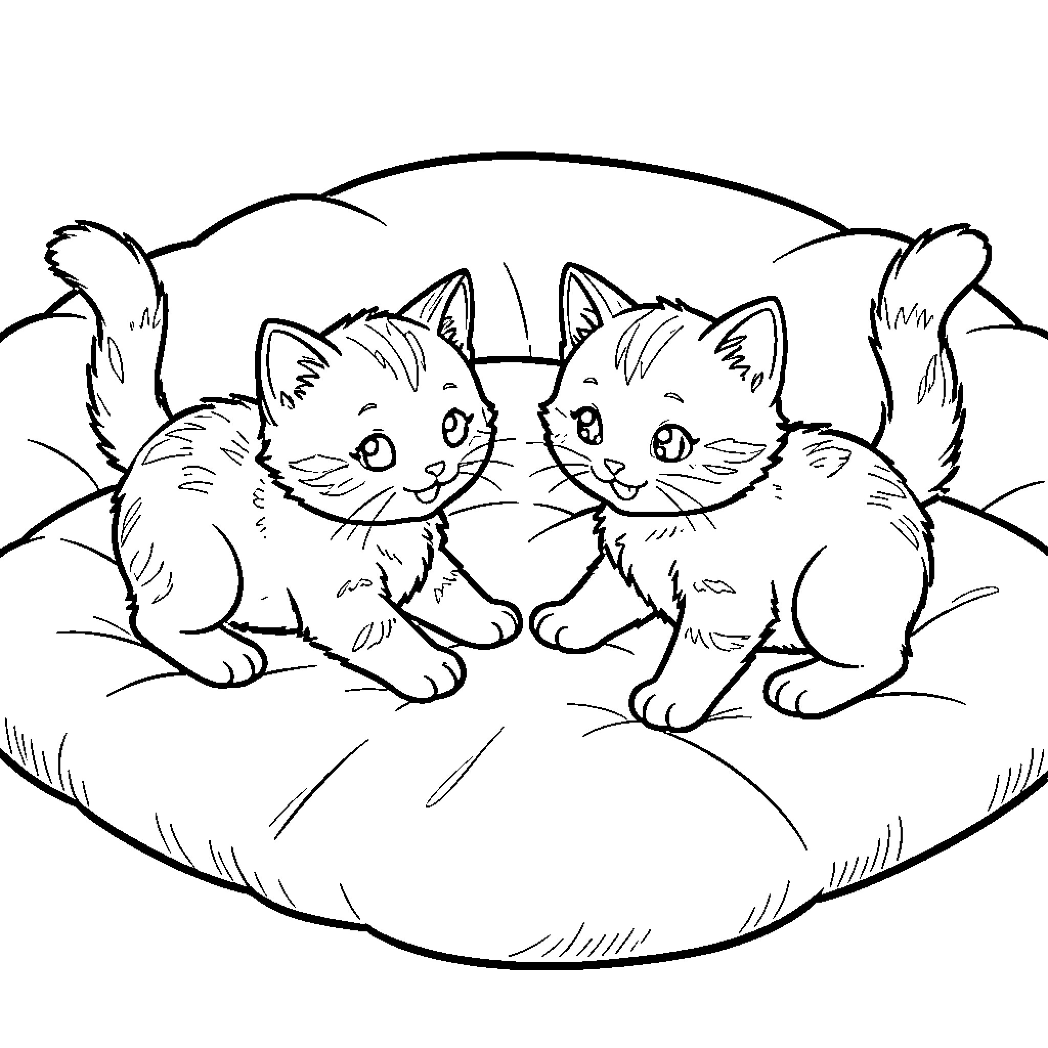 Kittens cuddling in a cozy basket Coloring Page (free black-and-white line drawing printable PDF for all, from beginners to advanced learners, including children, teens, adults, and seniors)