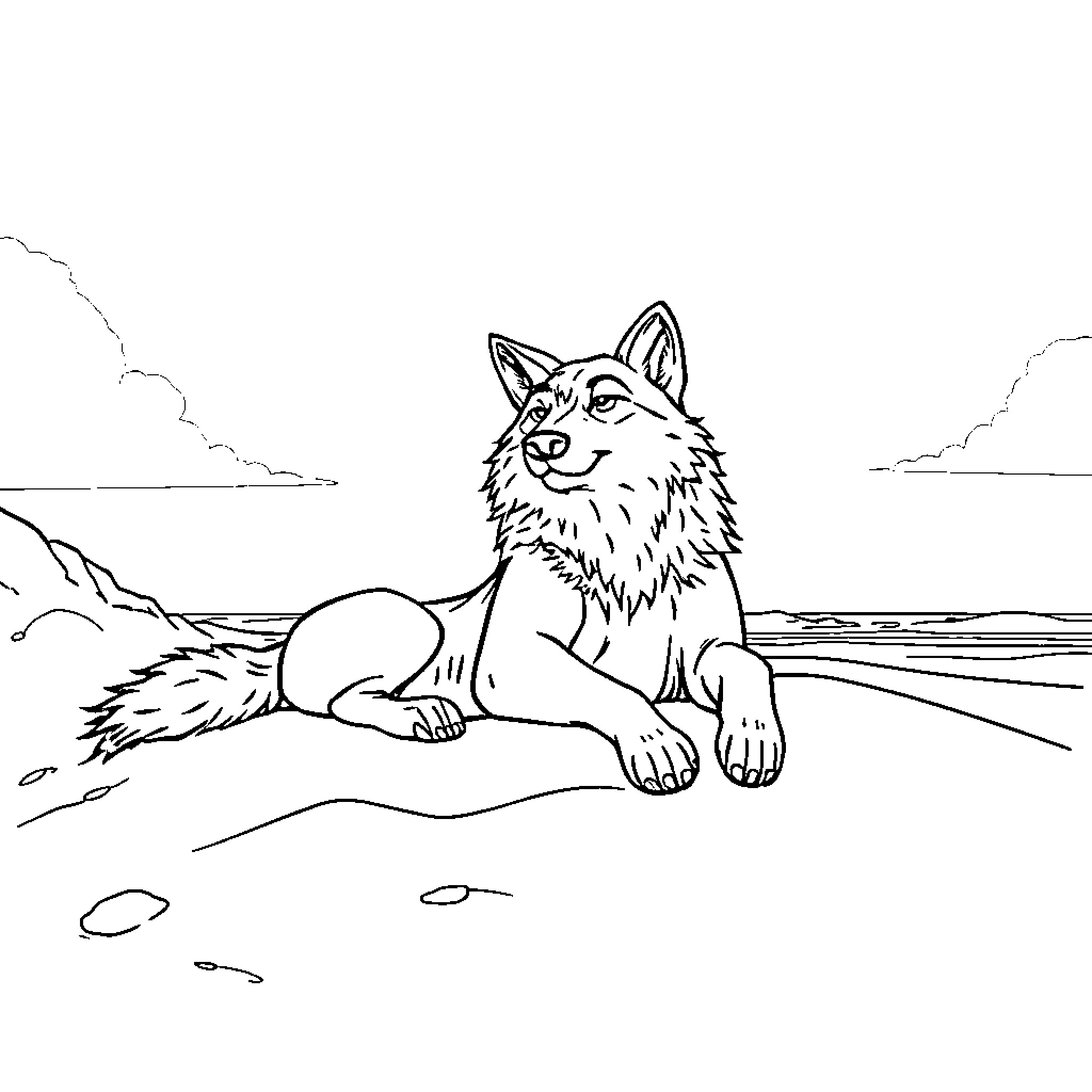 Werewolf resting on the beach Coloring Page (free black-and-white line drawing printable PDF for all, from beginners to advanced learners, including children, teens, adults, and seniors)