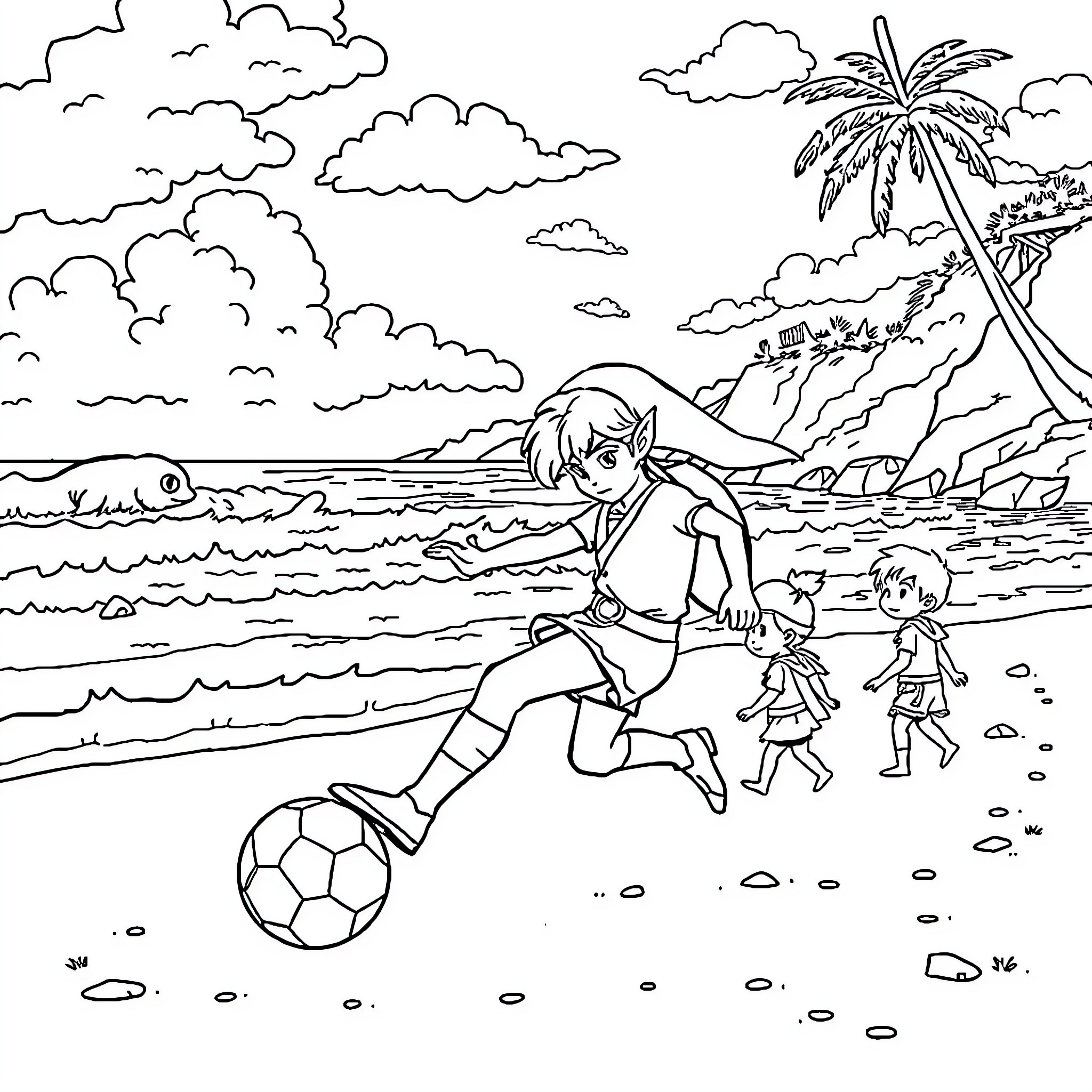 Link playing soccer with friends on the beach Coloring Page (free black-and-white line drawing printable PDF for all, from beginners to advanced learners, including children, teens, adults, and seniors)