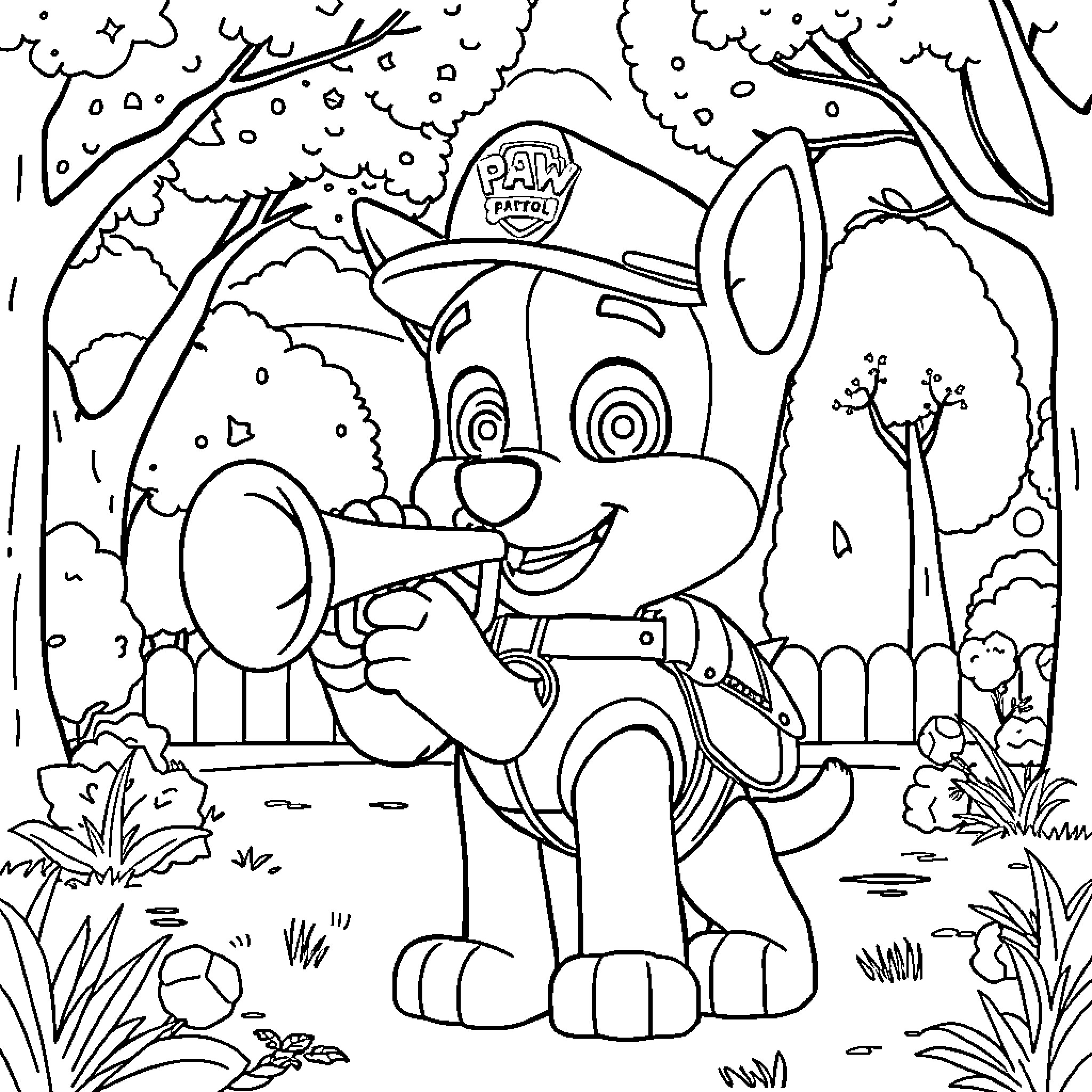 Paw Patrol character in the forest Coloring Page (free black-and-white line drawing printable PDF for all, from beginners to advanced learners, including children, teens, adults, and seniors)