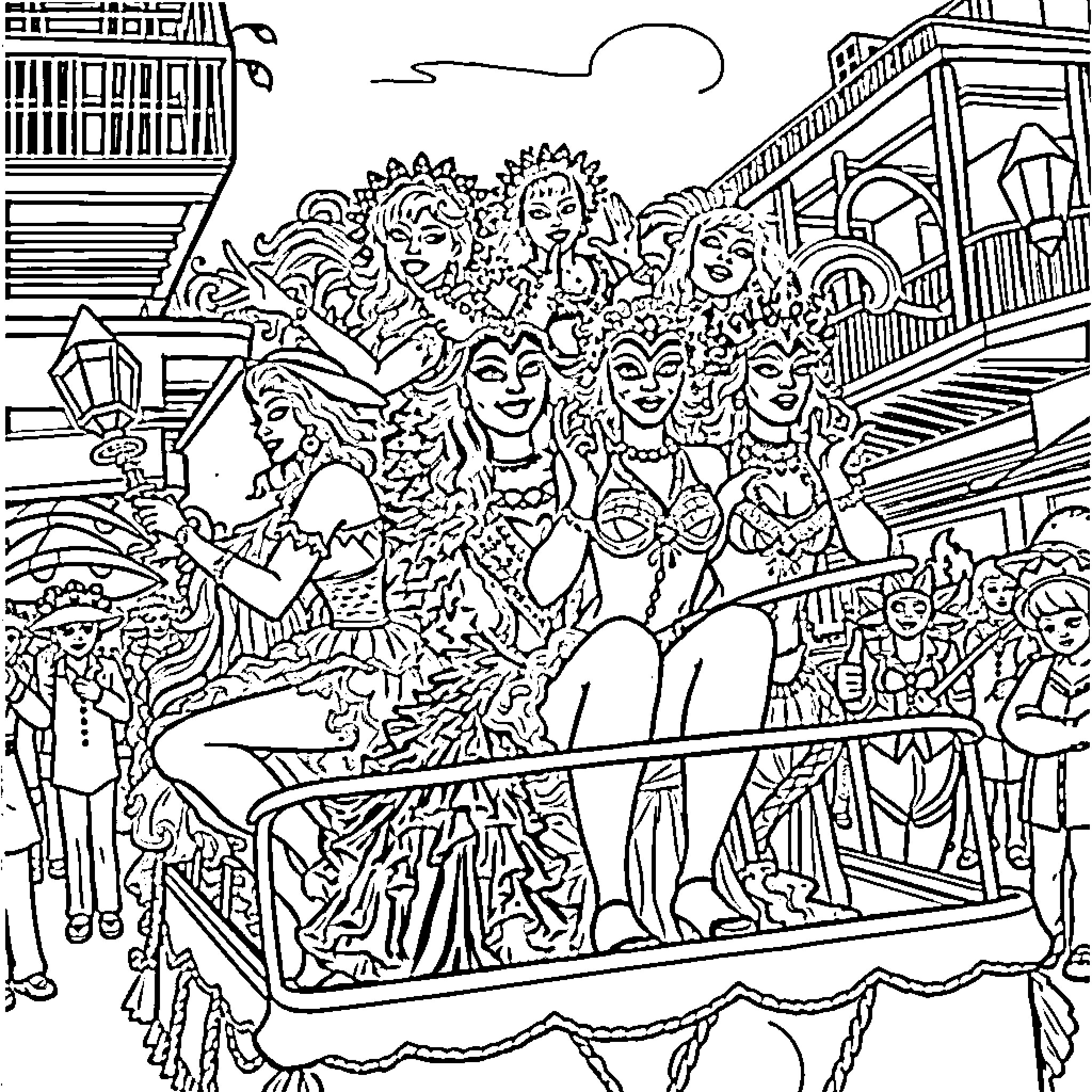 Vixen dancers celebrate in lavish parade Coloring Page (free black-and-white line drawing printable PDF for all, from beginners to advanced learners, including children, teens, adults, and seniors)
