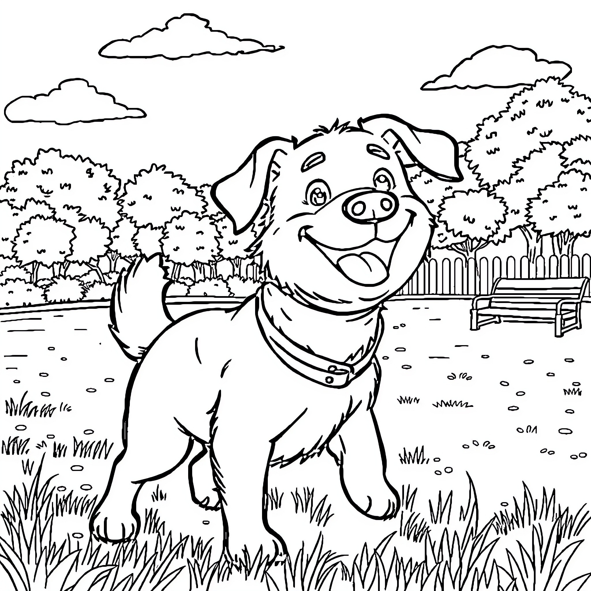 Dog enjoying a sunny day in the park Coloring Page (free black-and-white line drawing printable PDF for all, from beginners to advanced learners, including children, teens, adults, and seniors)