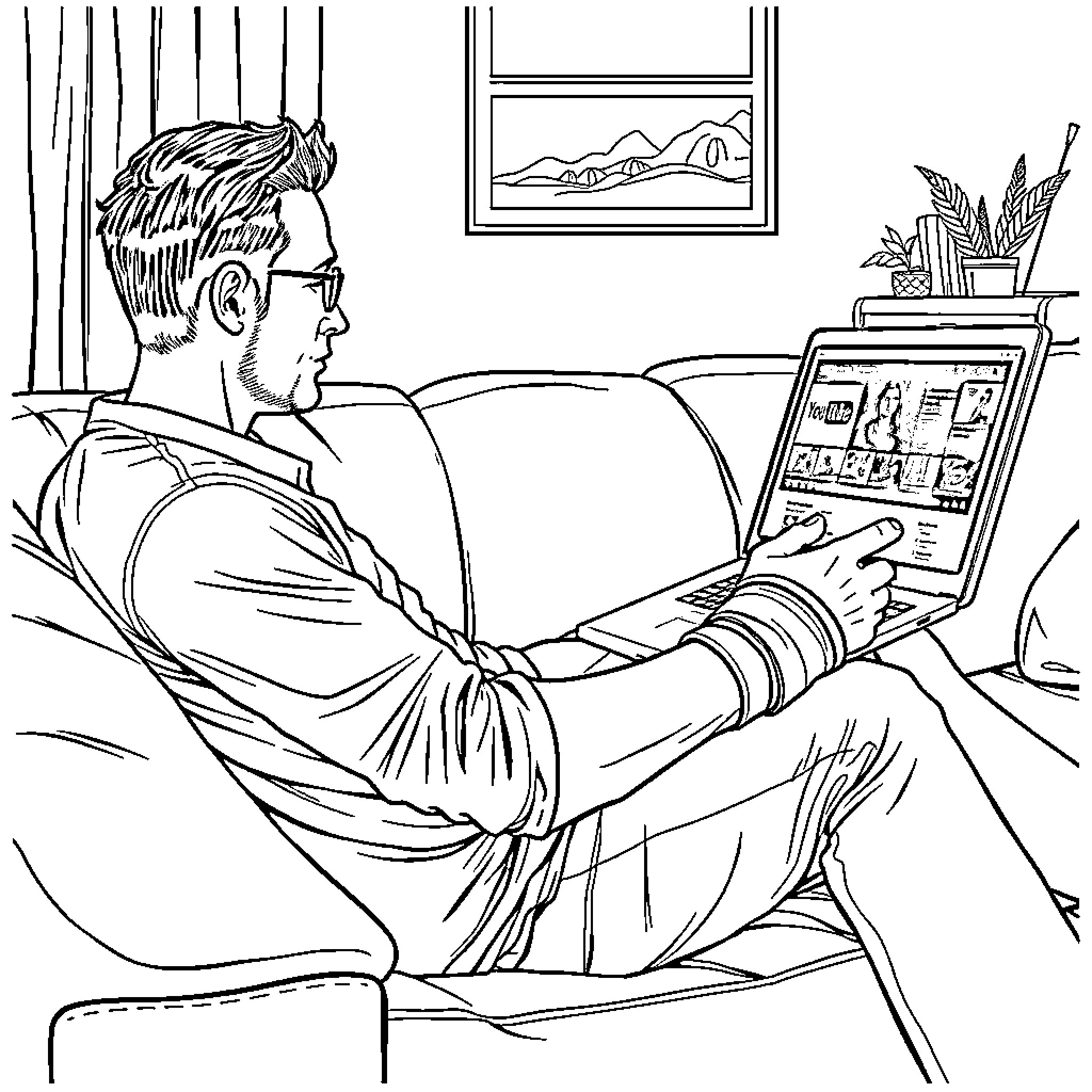 Man relaxing and using laptop at home Coloring Page (free black-and-white line drawing printable PDF for all, from beginners to advanced learners, including children, teens, adults, and seniors)