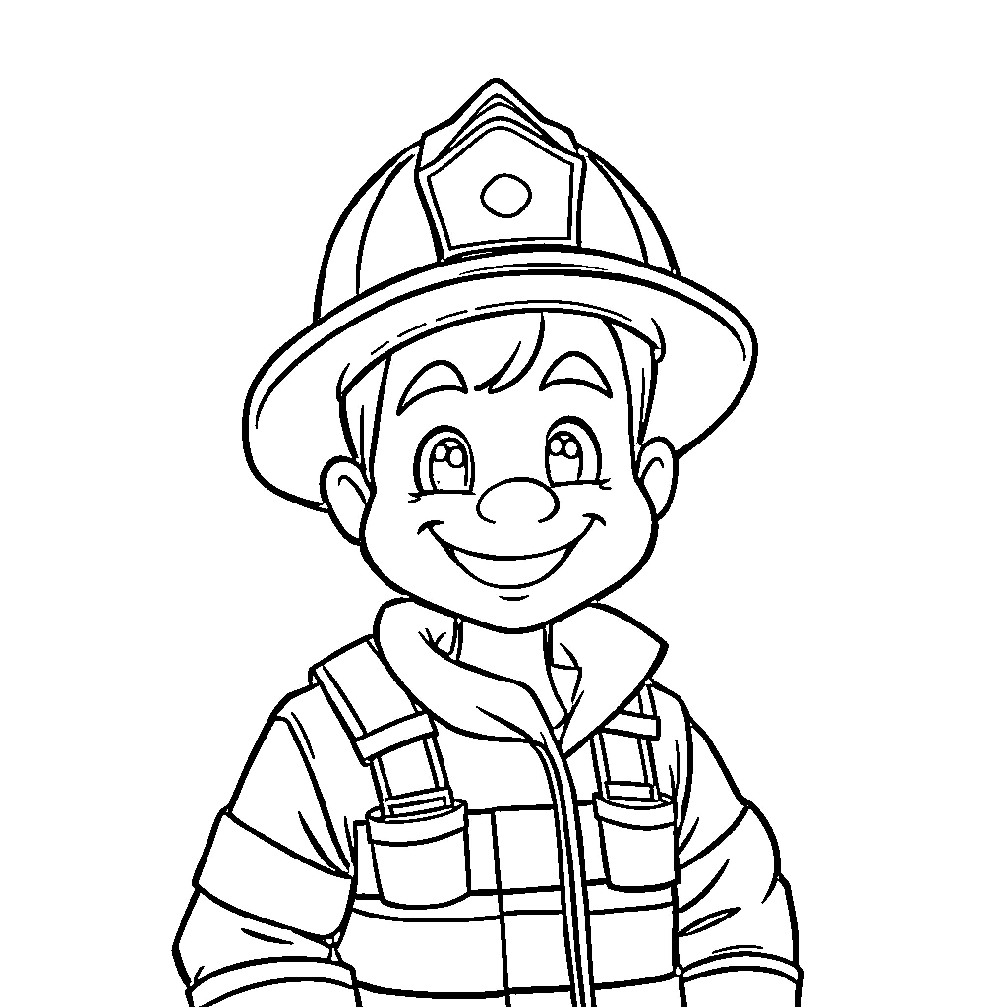 Firefighter Smiling Happily in Uniform Coloring Page (free black-and-white line drawing printable PDF for all, from beginners to advanced learners, including children, teens, adults, and seniors)