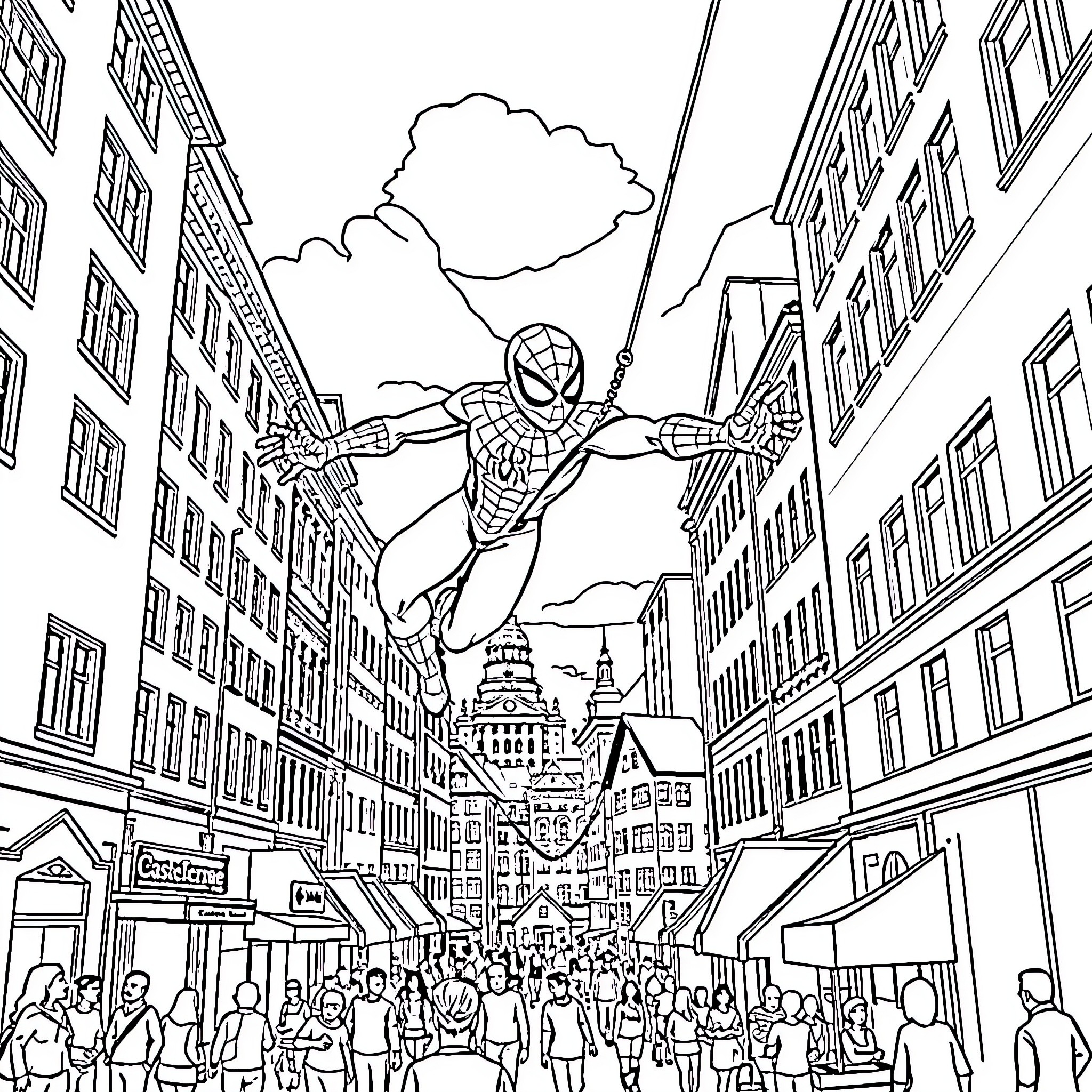 Spiderman swinging through a bustling city street Coloring Page (free black-and-white line drawing printable PDF for all, from beginners to advanced learners, including children, teens, adults, and seniors)