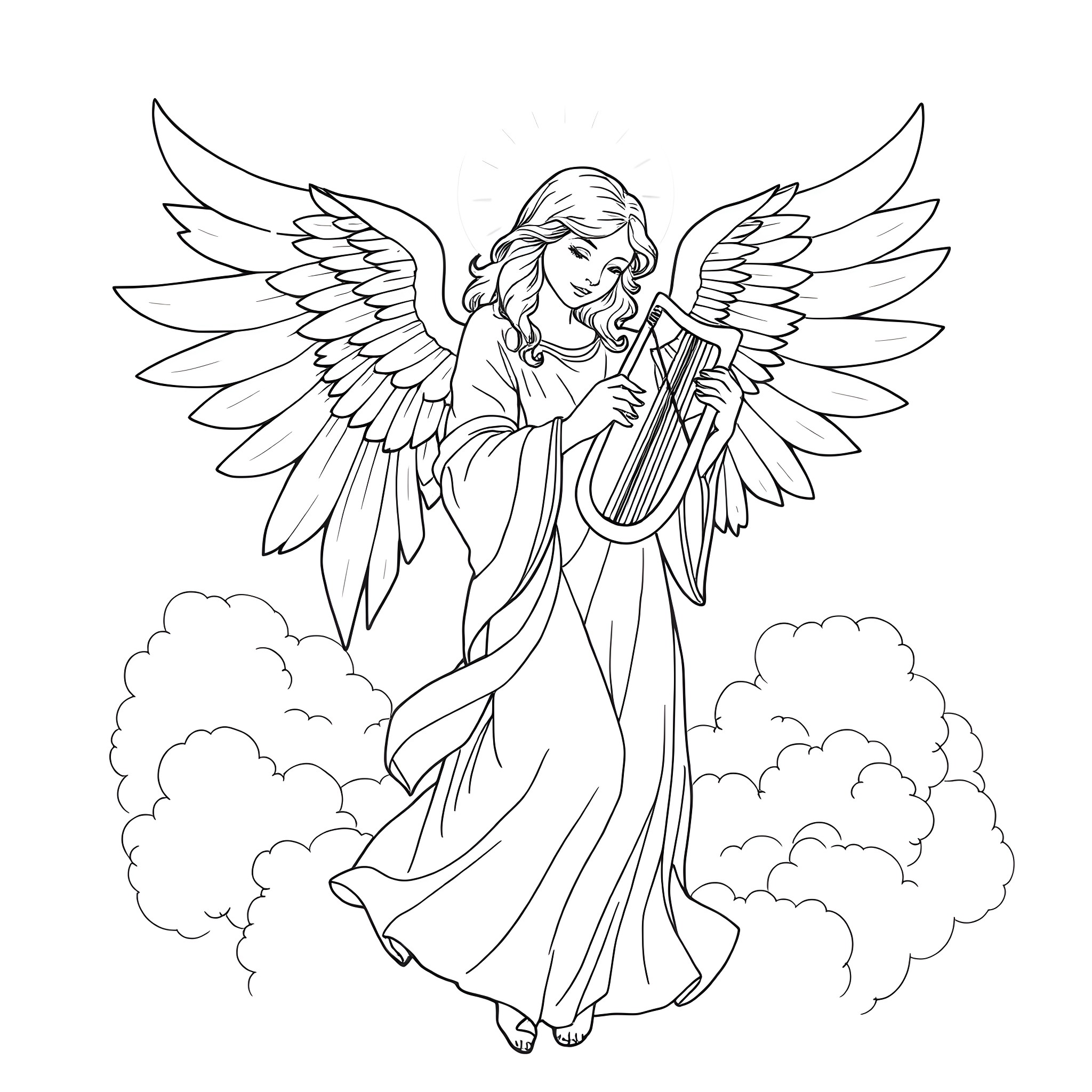 Angel Serenading in the Clouds Coloring Page (free black-and-white line drawing printable PDF for all, from beginners to advanced learners, including children, teens, adults, and seniors)