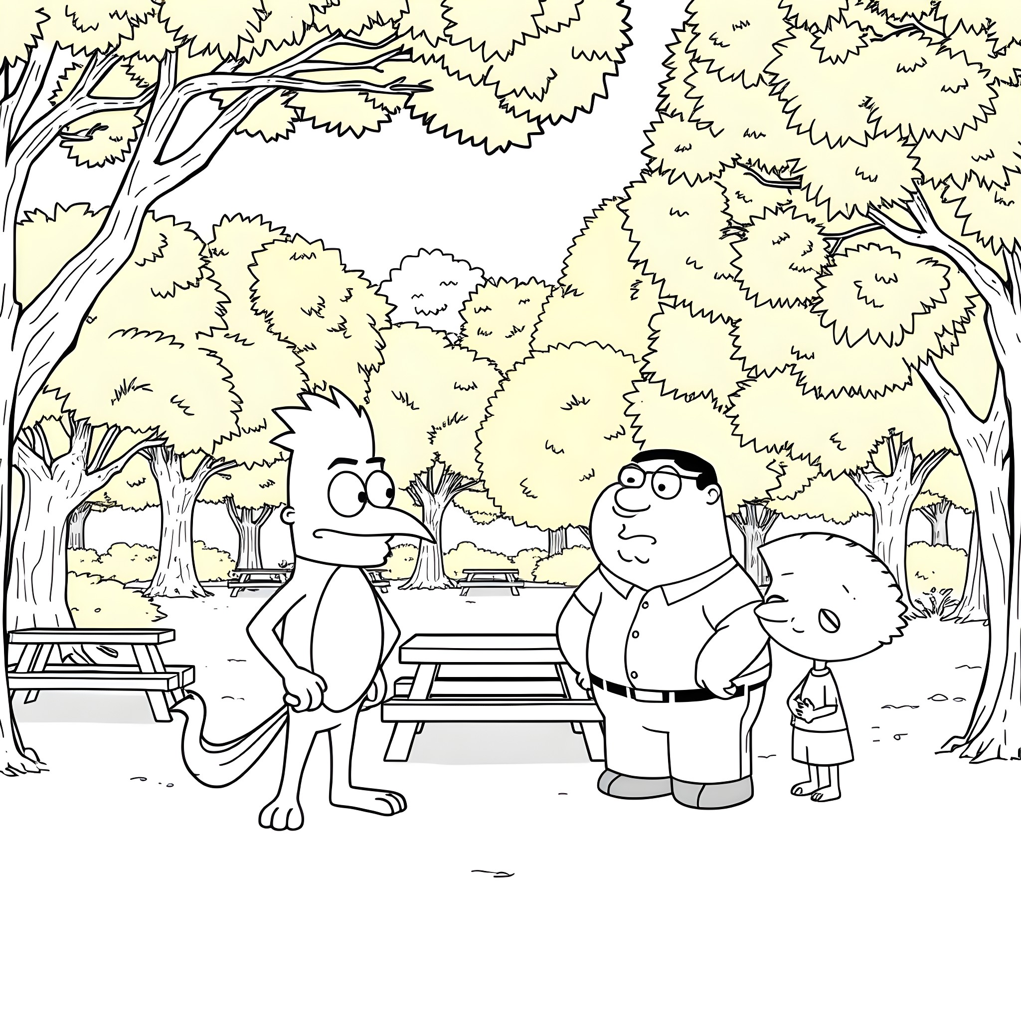 Character interacting in a park-like environment Coloring Page (free black-and-white line drawing printable PDF for all, from beginners to advanced learners, including children, teens, adults, and seniors)