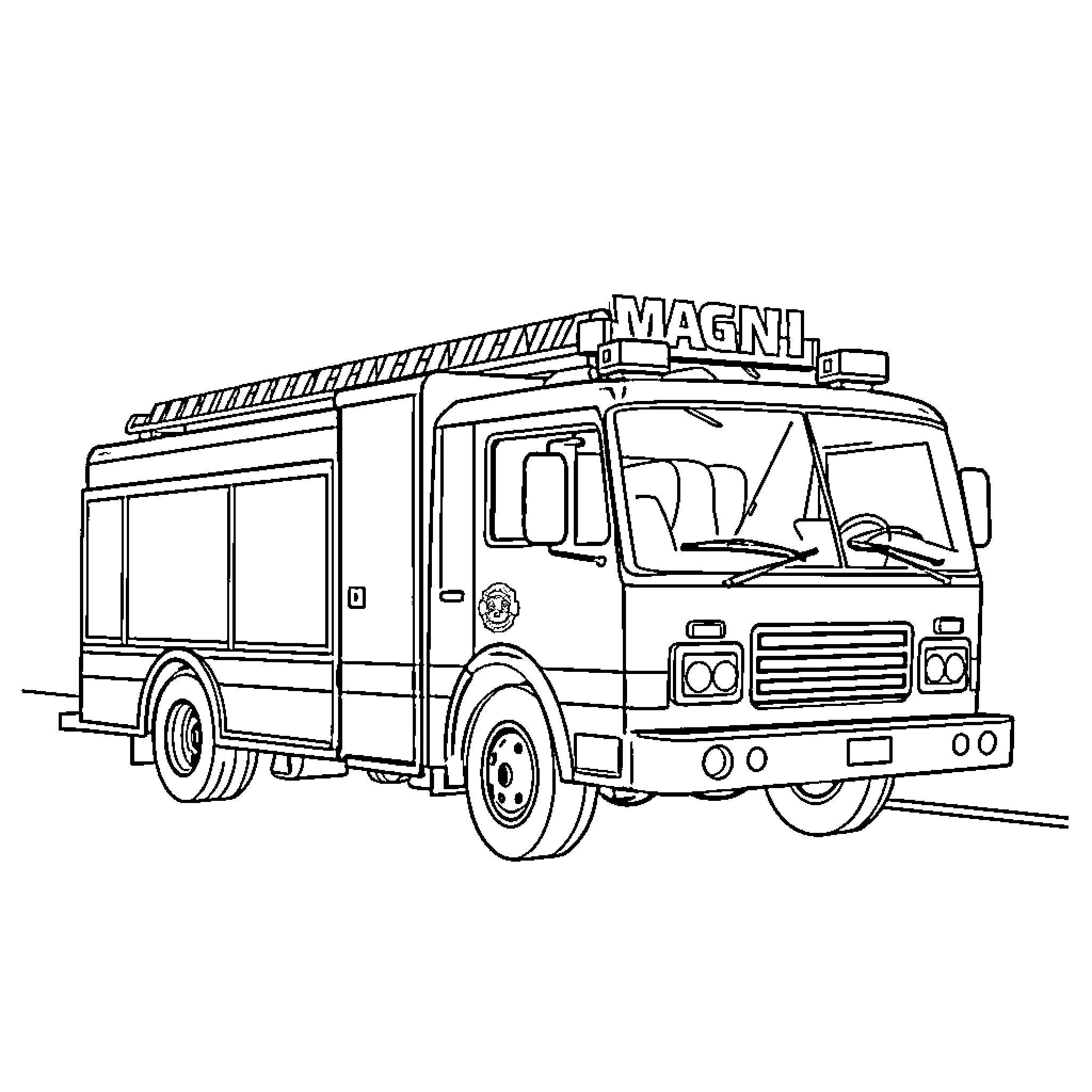 Fire Truck Responding to Emergency with Siren and Lights Coloring Page (free black-and-white line drawing printable PDF for all, from beginners to advanced learners, including children, teens, adults, and seniors)