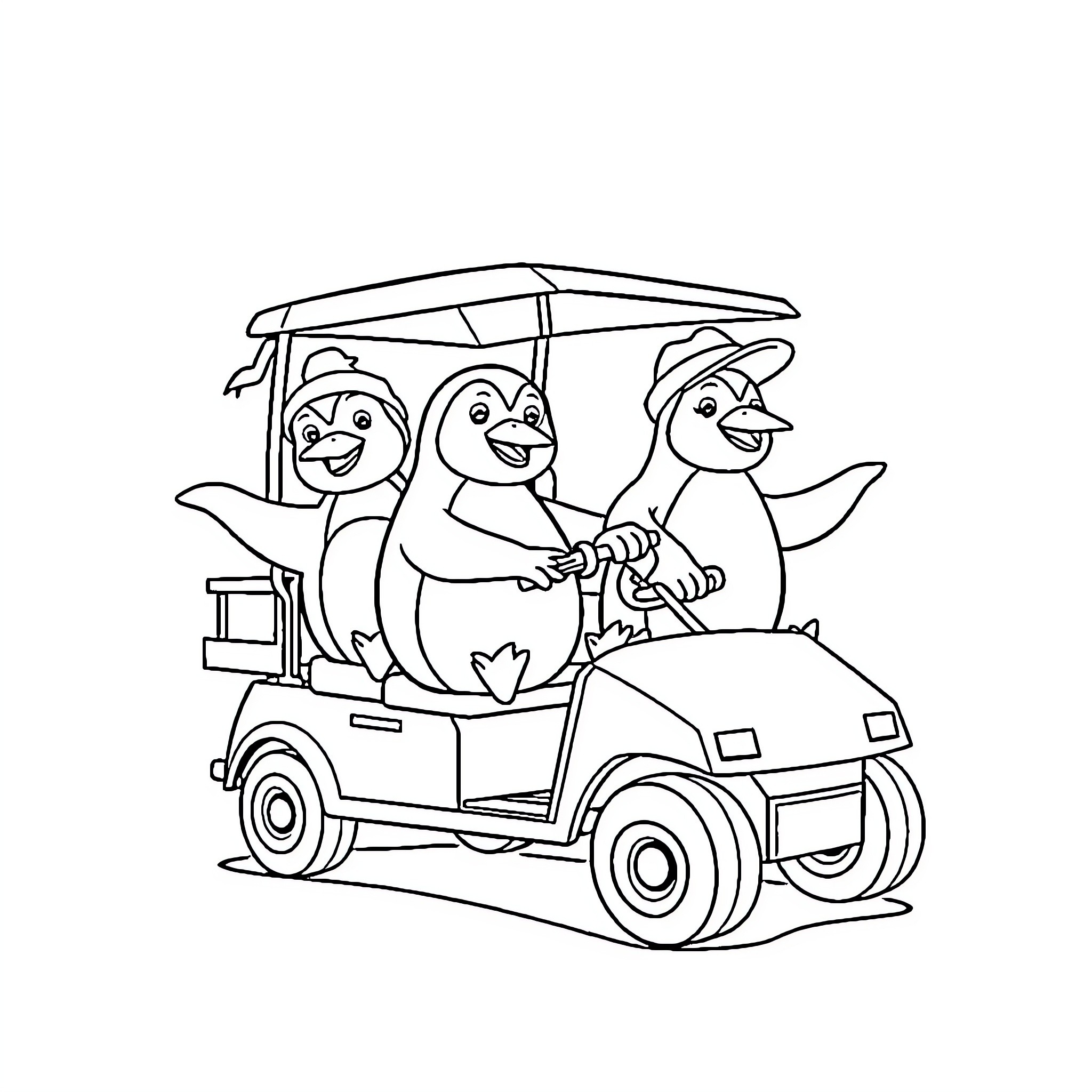 Penguins riding in a golf cart Coloring Page (free black-and-white line drawing printable PDF for all, from beginners to advanced learners, including children, teens, adults, and seniors)
