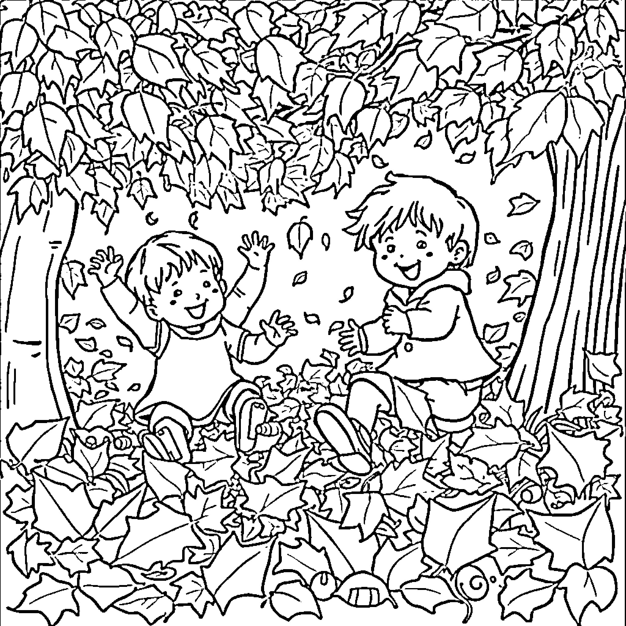 Fall Fun Playing in Autumn Leaves Coloring Page (free black-and-white line drawing printable PDF for all, from beginners to advanced learners, including children, teens, adults, and seniors)