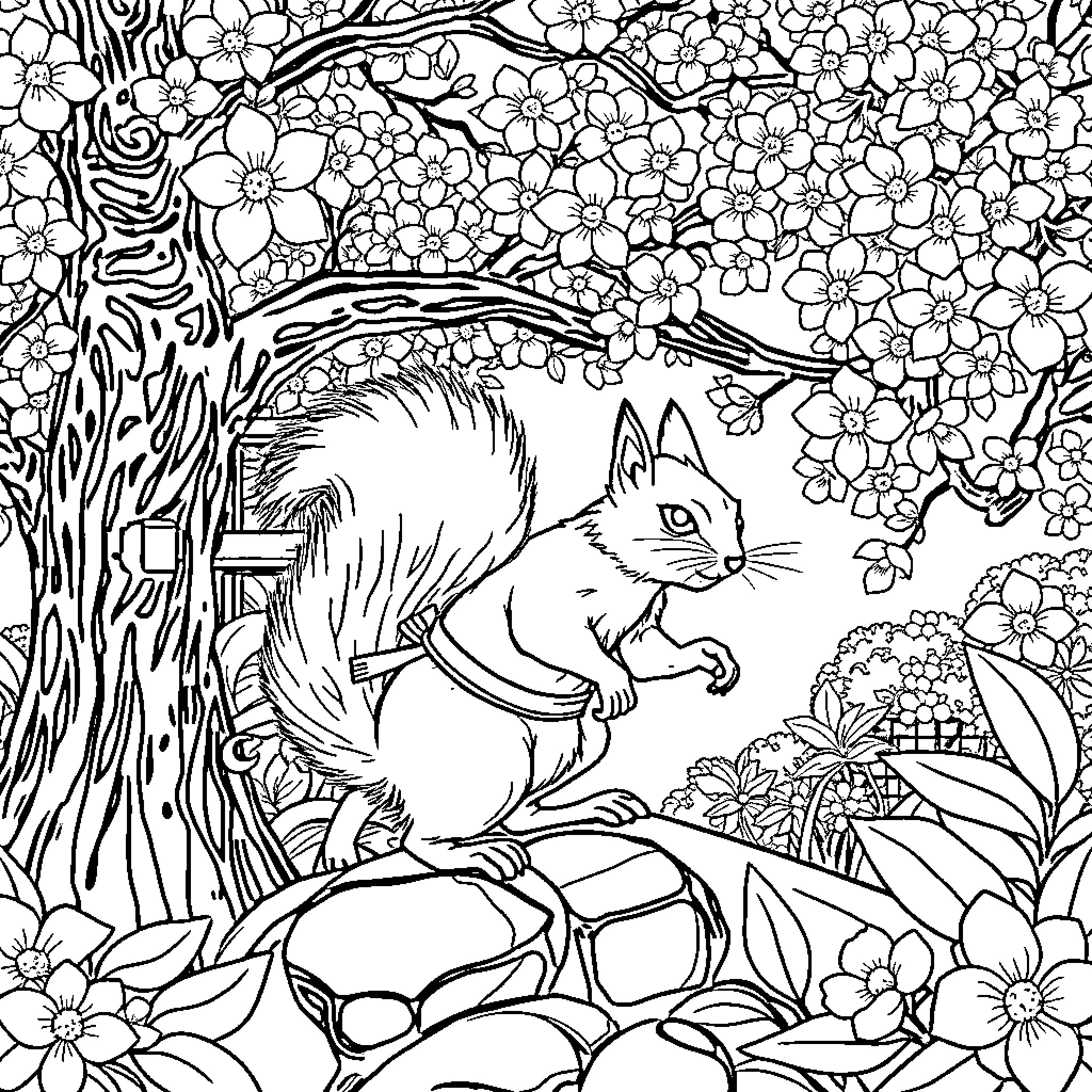 Ninja Squirrel Acrobatics Amid Blooming Floral Wonderland Coloring Page (free black-and-white line drawing printable PDF for all, from beginners to advanced learners, including children, teens, adults, and seniors)