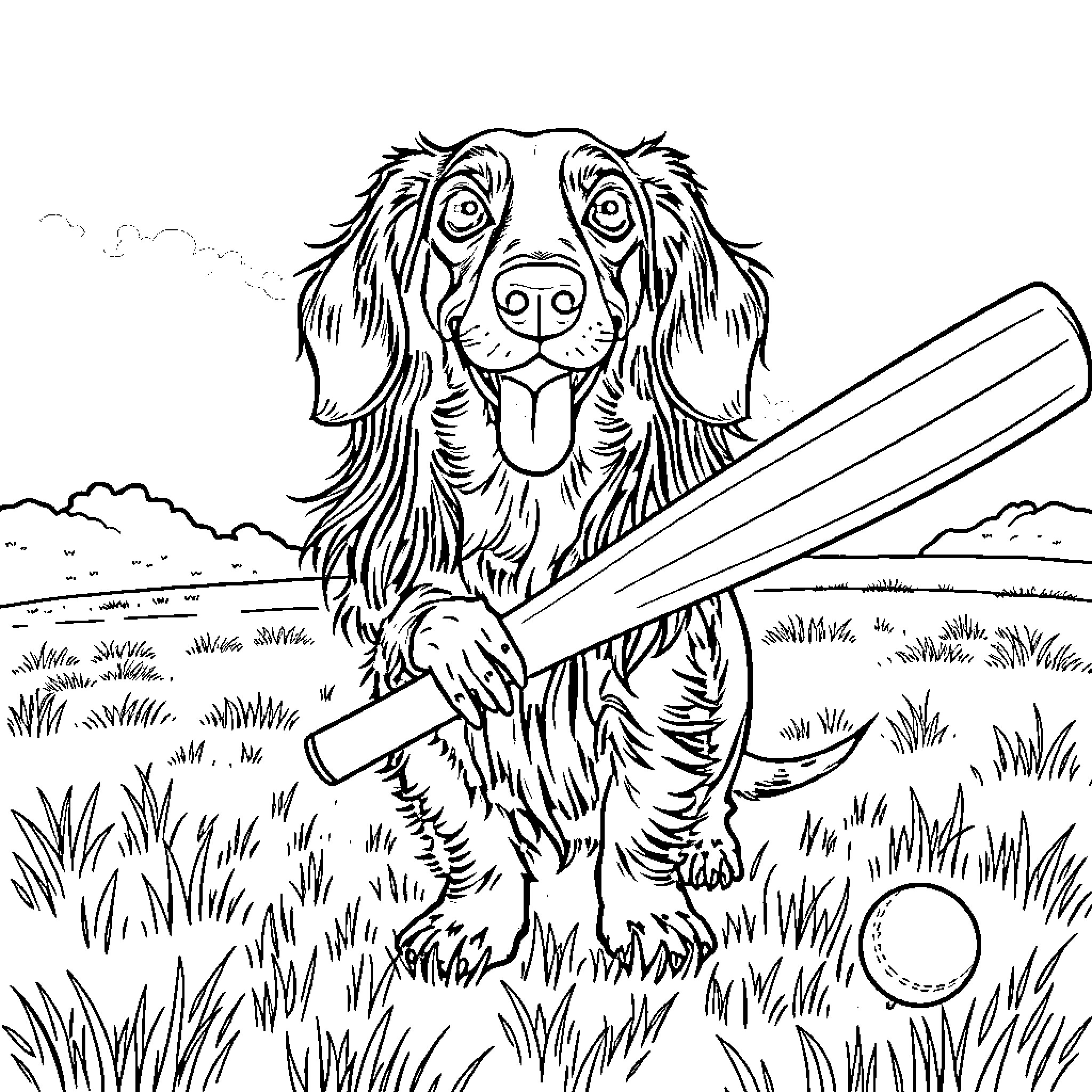 Dachshund playing fetch in the park Coloring Page (free black-and-white line drawing printable PDF for all, from beginners to advanced learners, including children, teens, adults, and seniors)
