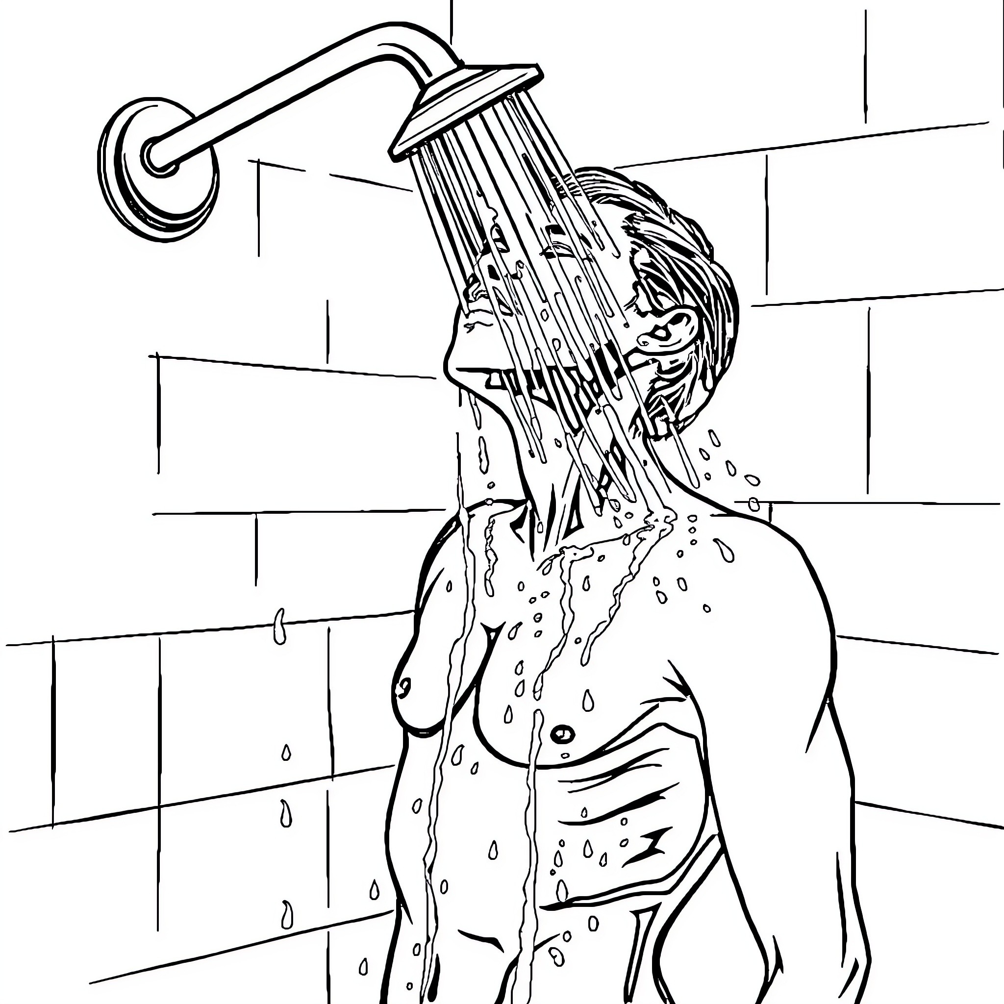 Shower under a refreshing stream Coloring Page (free black-and-white line drawing printable PDF for all, from beginners to advanced learners, including children, teens, adults, and seniors)
