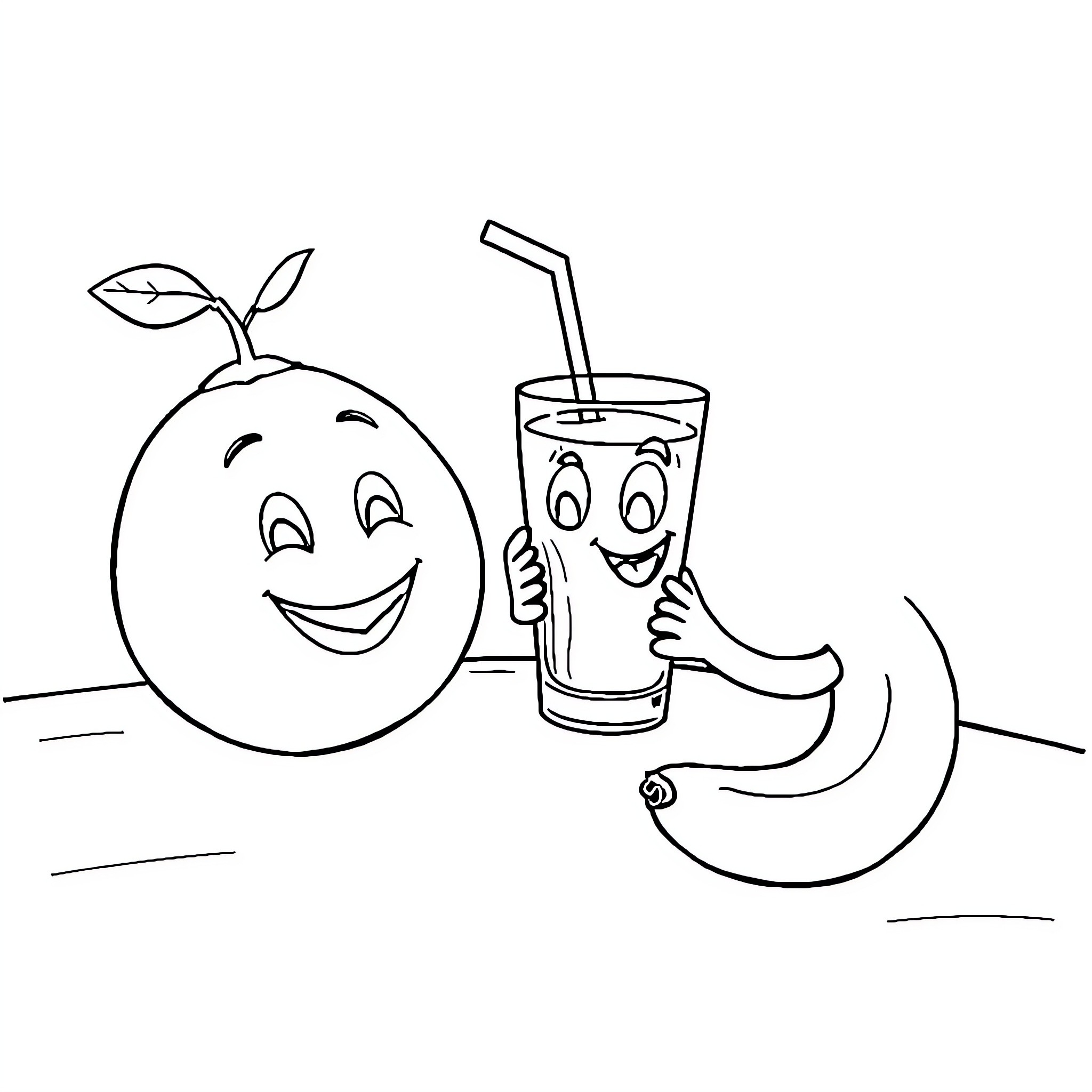 Banana friends enjoy a refreshing drink Coloring Page (free black-and-white line drawing printable PDF for all, from beginners to advanced learners, including children, teens, adults, and seniors)