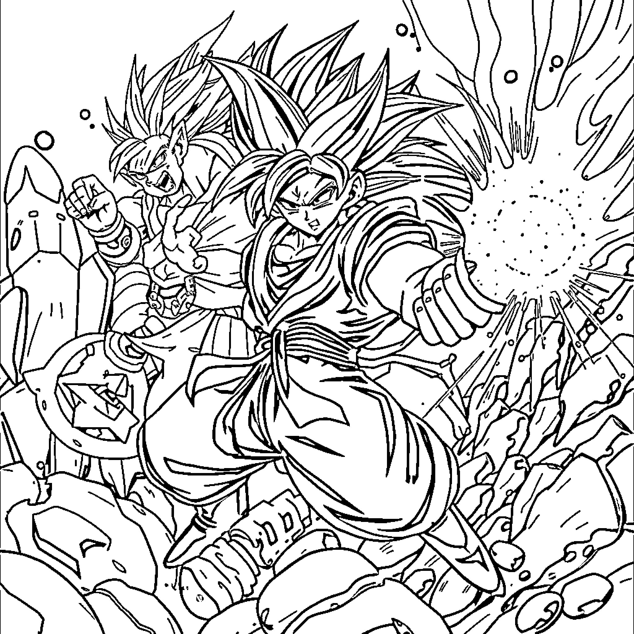 Dragon Ball Z Intense Battle Scene Coloring Page (free black-and-white line drawing printable PDF for all, from beginners to advanced learners, including children, teens, adults, and seniors)
