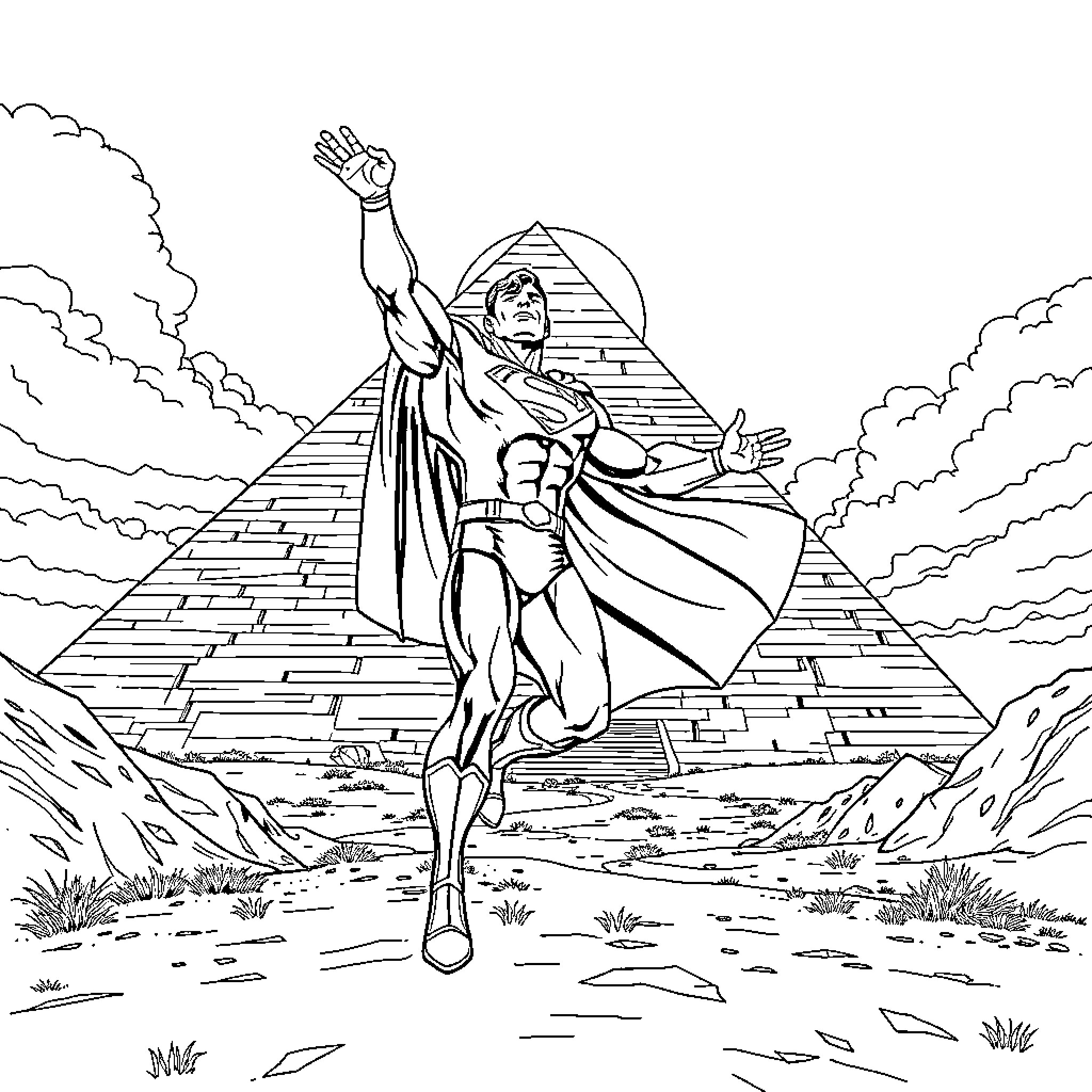 Superman soaring heroically over a desert pyramid Coloring Page (free black-and-white line drawing printable PDF for all, from beginners to advanced learners, including children, teens, adults, and seniors)