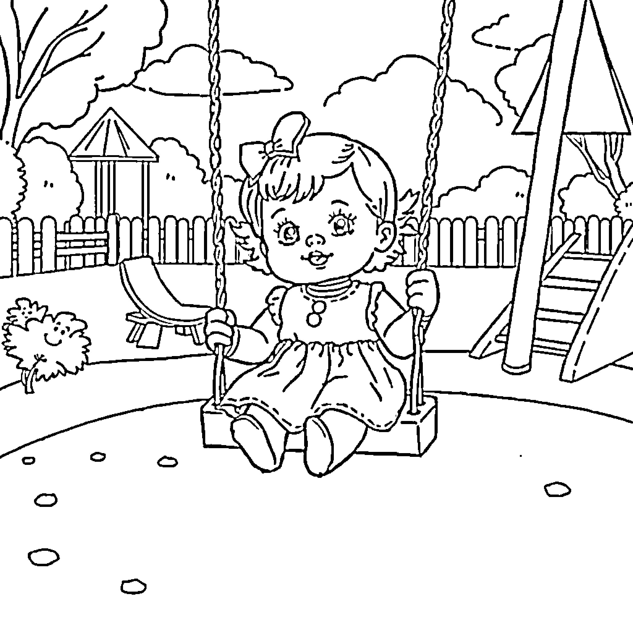 Doll sitting on a swing in a playground Coloring Page (free black-and-white line drawing printable PDF for all, from beginners to advanced learners, including children, teens, adults, and seniors)