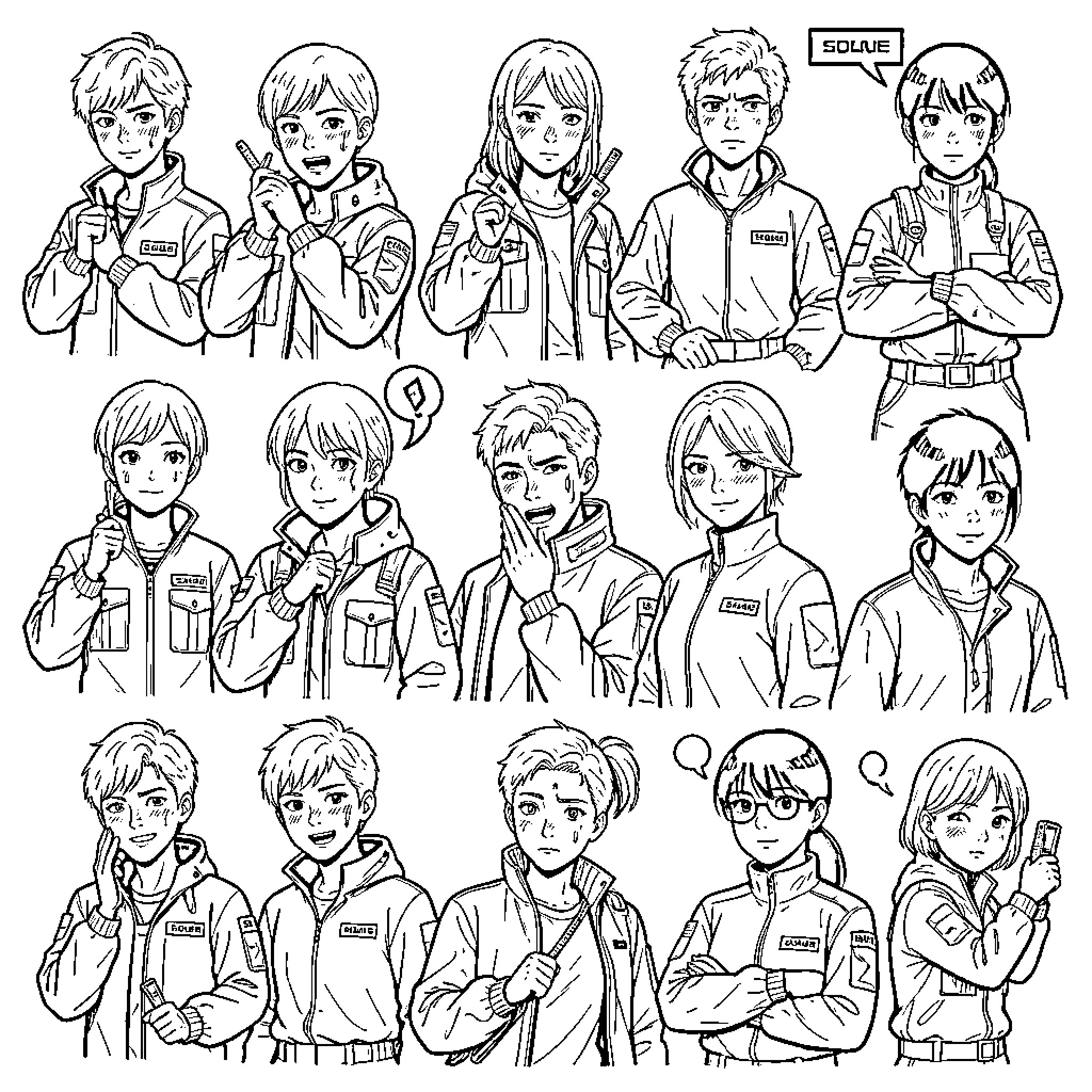Squid Game characters displaying various emotional expressions Coloring Page (free black-and-white line drawing printable PDF for all, from beginners to advanced learners, including children, teens, adults, and seniors)