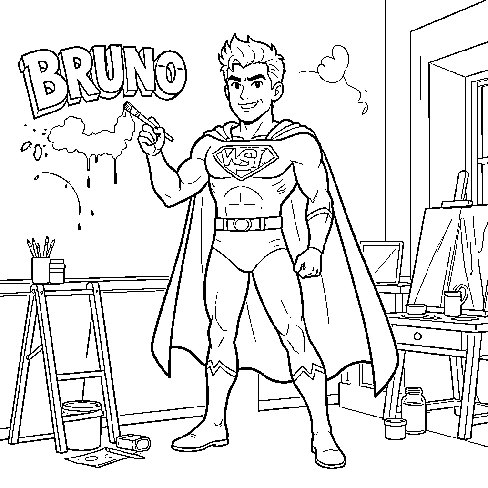 Superhero Bruno in Artistic Studio Coloring Page (free black-and-white line drawing printable PDF for all, from beginners to advanced learners, including children, teens, adults, and seniors)