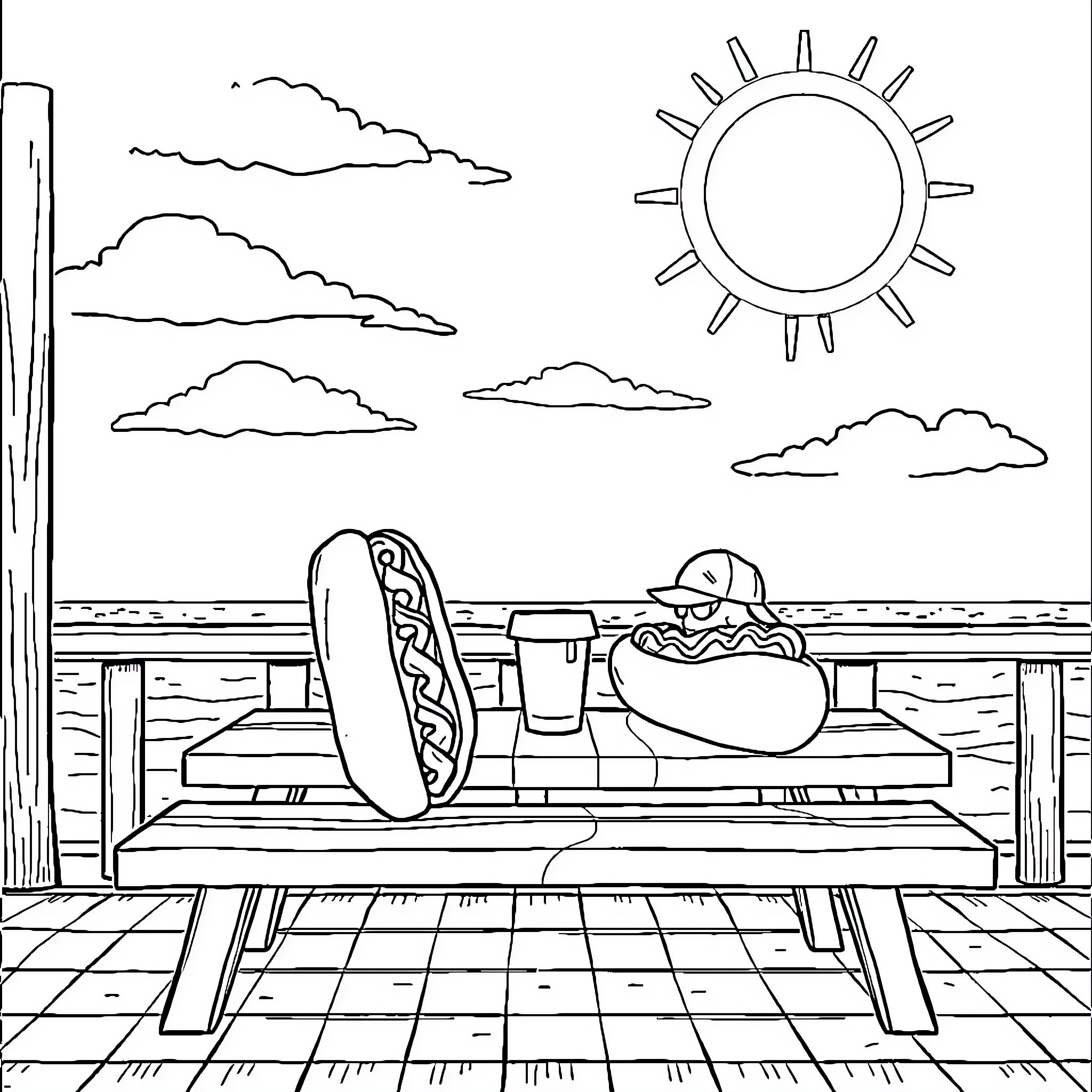 Hotdog relaxation on the beach pier Coloring Page (free black-and-white line drawing printable PDF for all, from beginners to advanced learners, including children, teens, adults, and seniors)