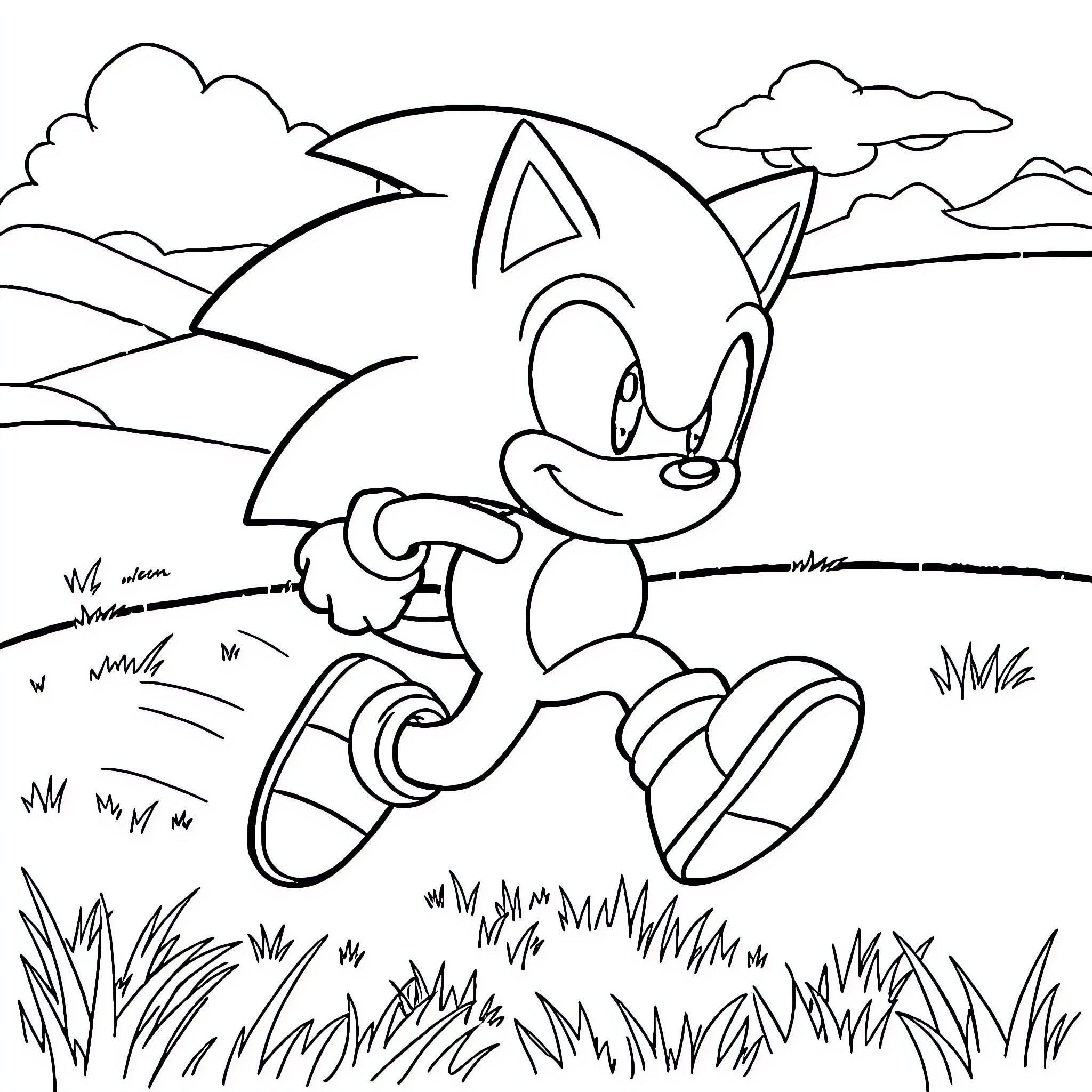 Sonic running joyfully through the countryside Coloring Page (free black-and-white line drawing printable PDF for all, from beginners to advanced learners, including children, teens, adults, and seniors)