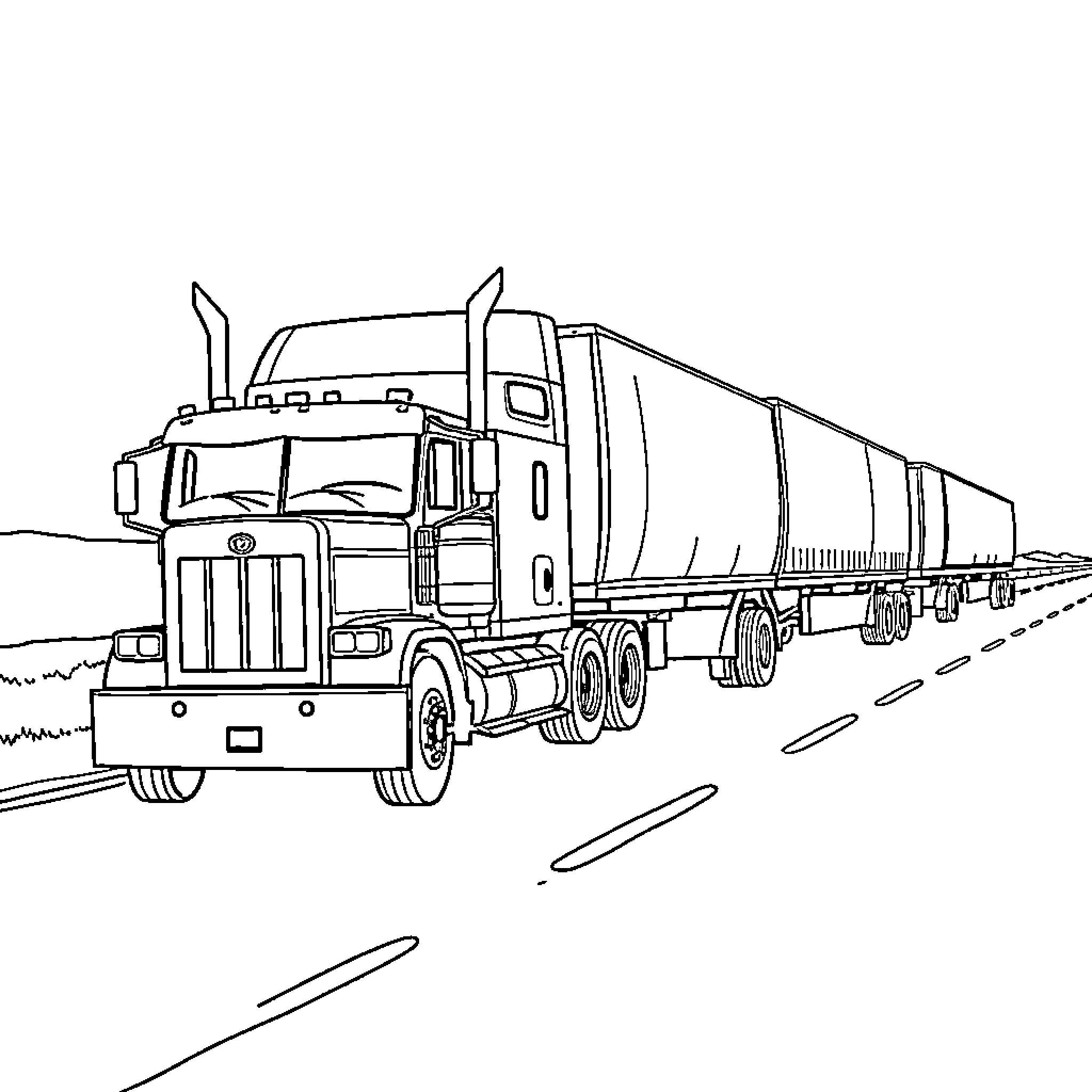 Truck transporting cargo on the highway Coloring Page (free black-and-white line drawing printable PDF for all, from beginners to advanced learners, including children, teens, adults, and seniors)