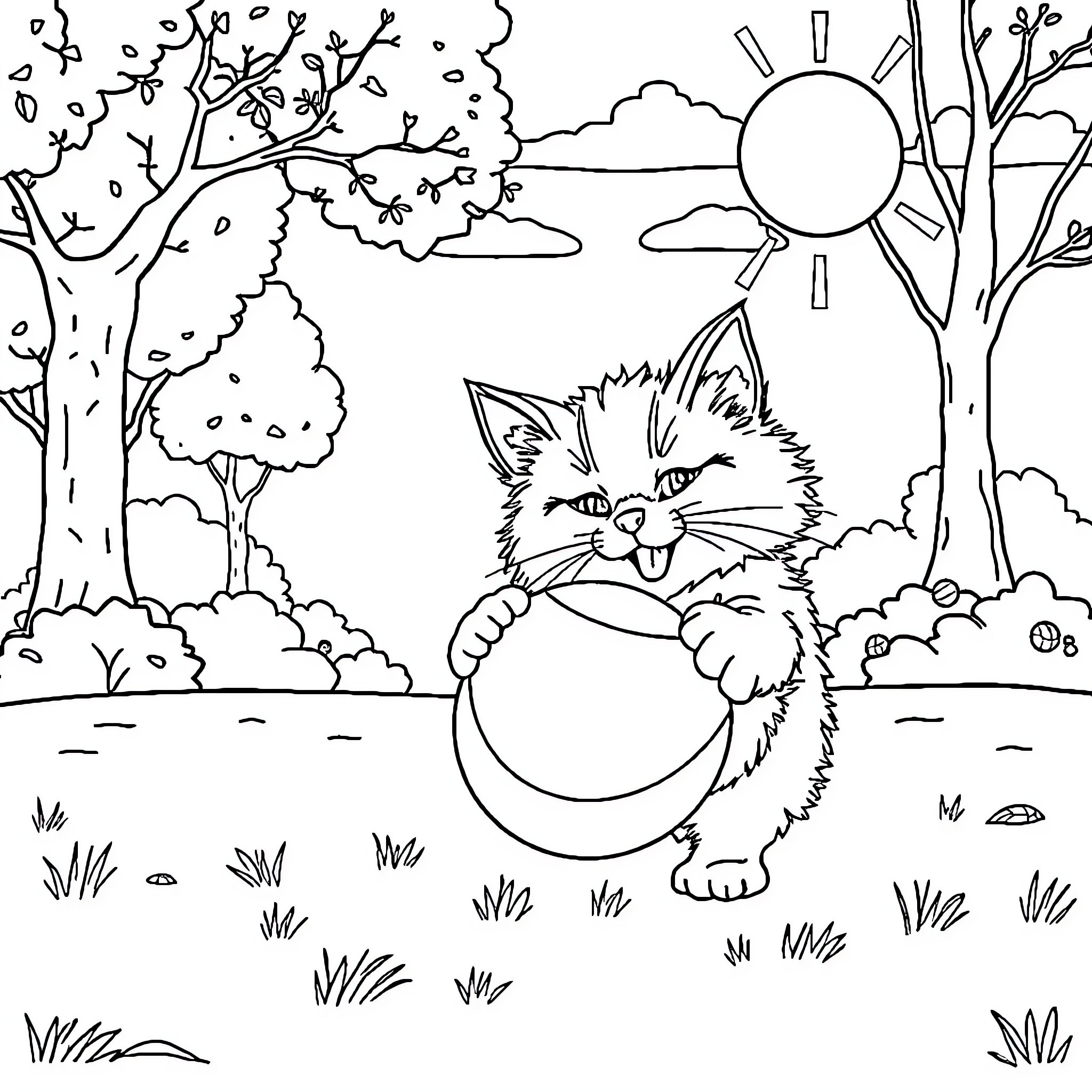 Cat playing with ball in scenic outdoor setting Coloring Page (free black-and-white line drawing printable PDF for all, from beginners to advanced learners, including children, teens, adults, and seniors)