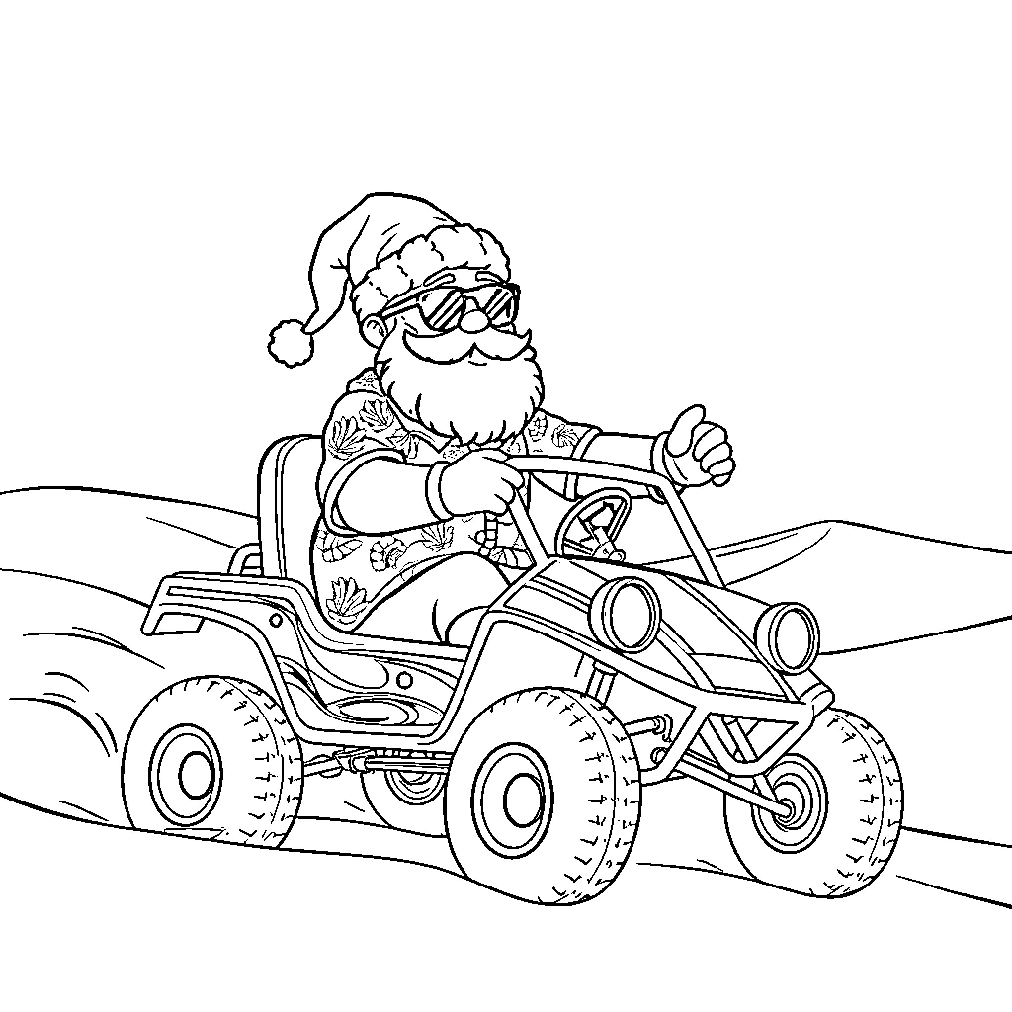 Santa riding a rugged vehicle in the wilderness Coloring Page (free black-and-white line drawing printable PDF for all, from beginners to advanced learners, including children, teens, adults, and seniors)