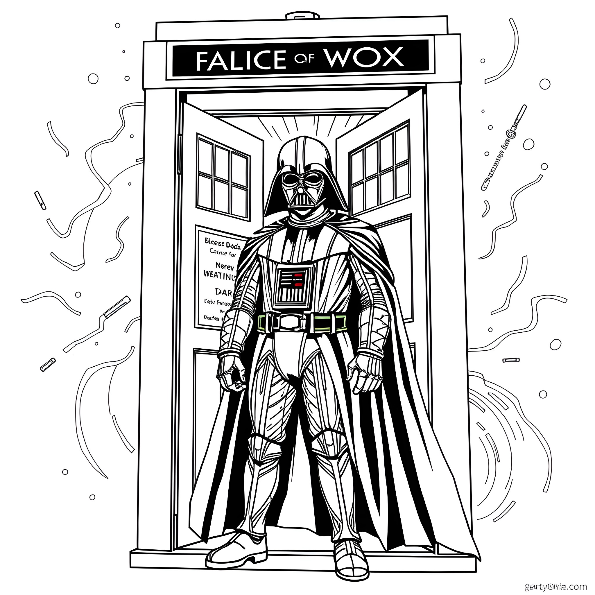 Darth Vader at the Falice of Wox Coloring Page (free black-and-white line drawing printable PDF for all, from beginners to advanced learners, including children, teens, adults, and seniors)