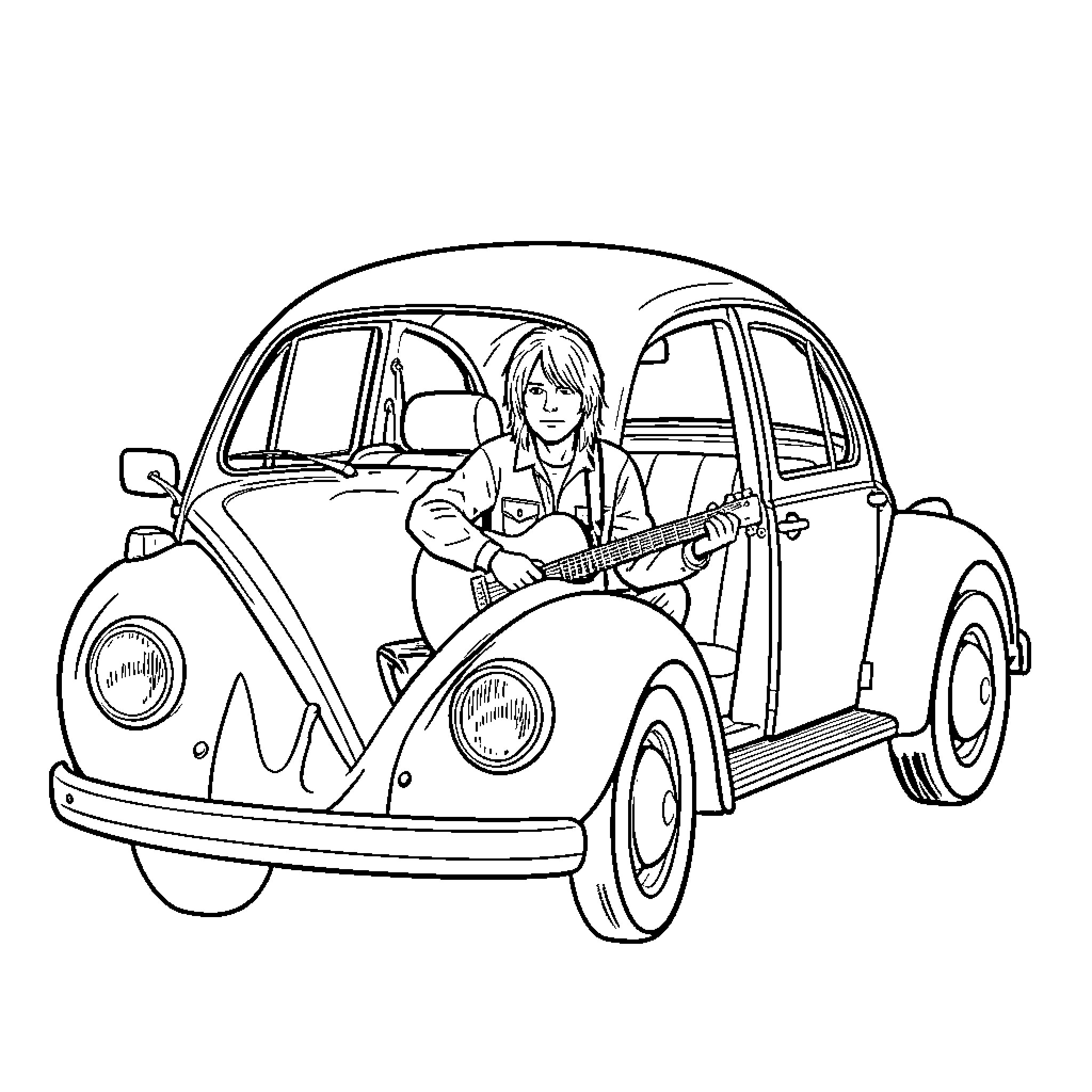 Kurt Cobain playing guitar inside a vintage car Coloring Page (free black-and-white line drawing printable PDF for all, from beginners to advanced learners, including children, teens, adults, and seniors)