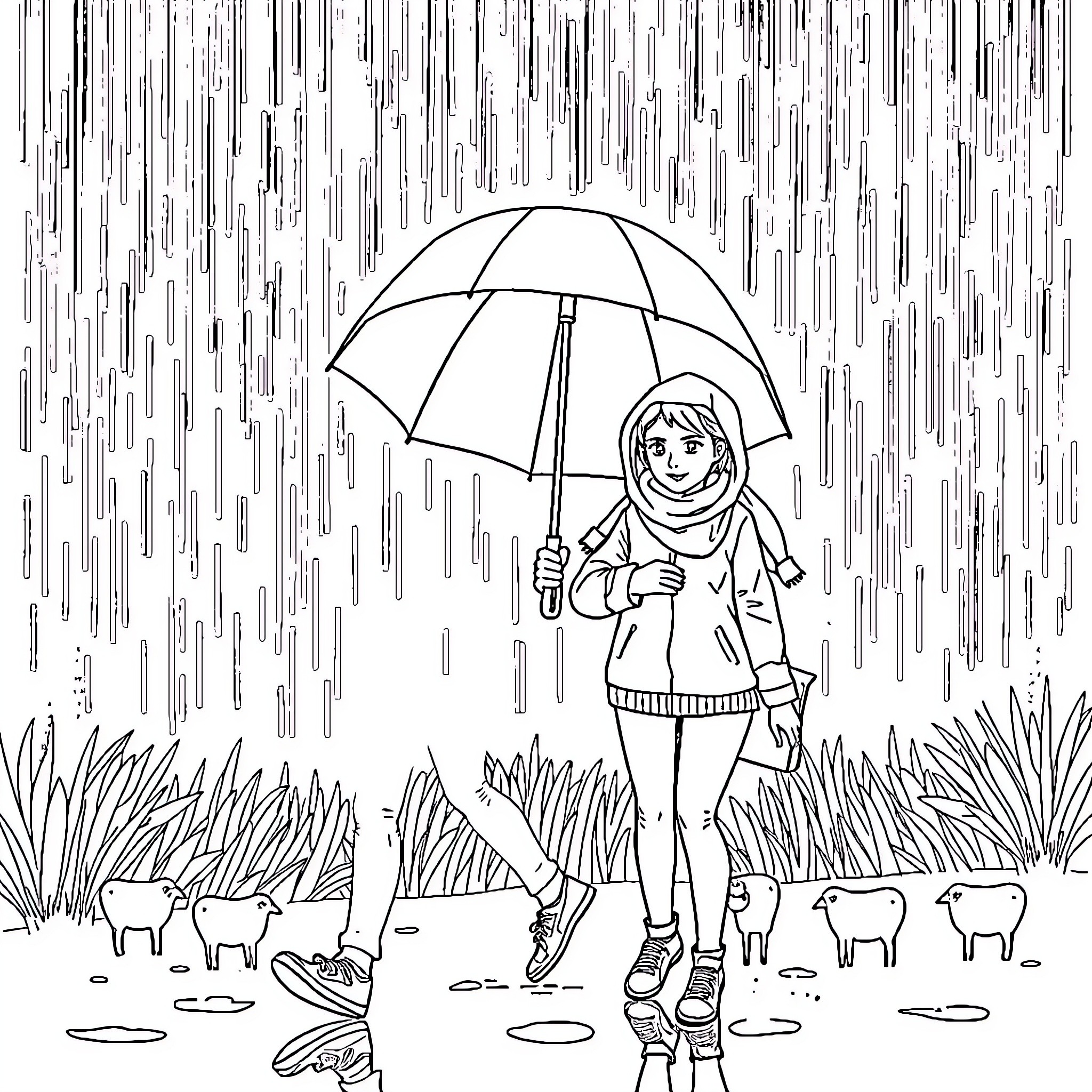 Family enjoying a rainy day outdoors Coloring Page (free black-and-white line drawing printable PDF for all, from beginners to advanced learners, including children, teens, adults, and seniors)