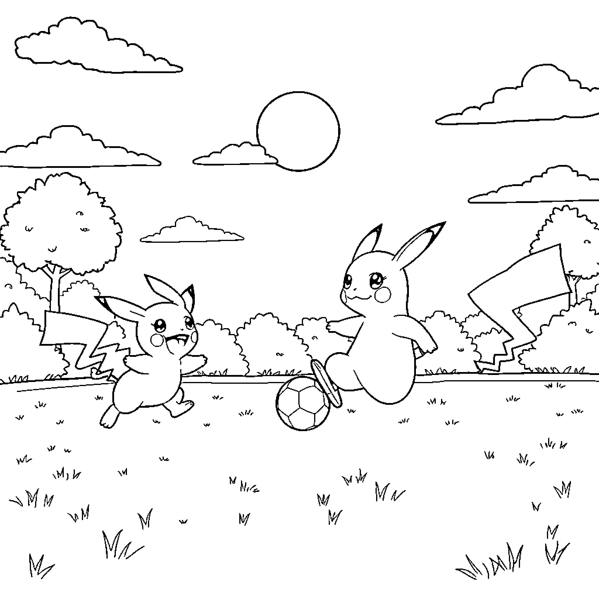 Pokémon playing soccer happily in a grassy field Coloring Page (free black-and-white line drawing printable PDF for all, from beginners to advanced learners, including children, teens, adults, and seniors)