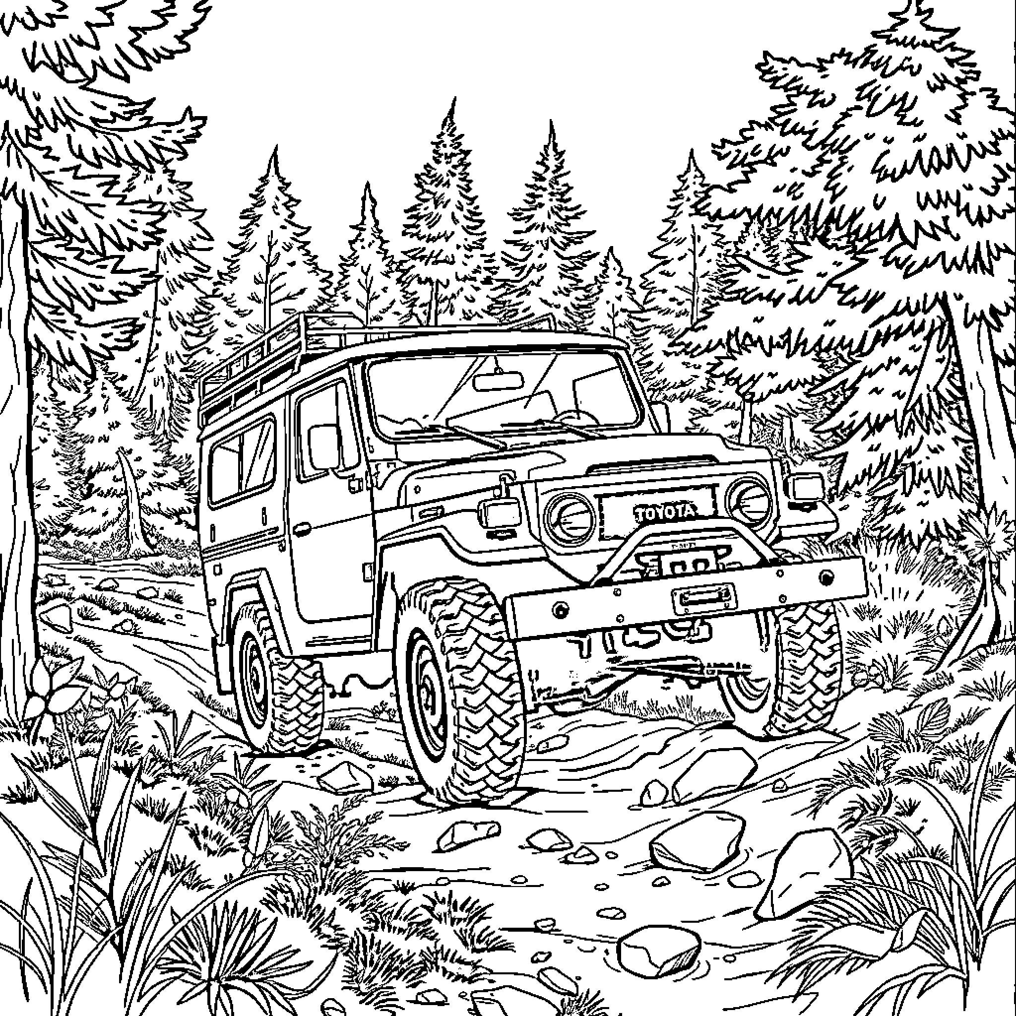 Toyota off-road vehicle traversing rugged forest terrain Coloring Page (free black-and-white line drawing printable PDF for all, from beginners to advanced learners, including children, teens, adults, and seniors)