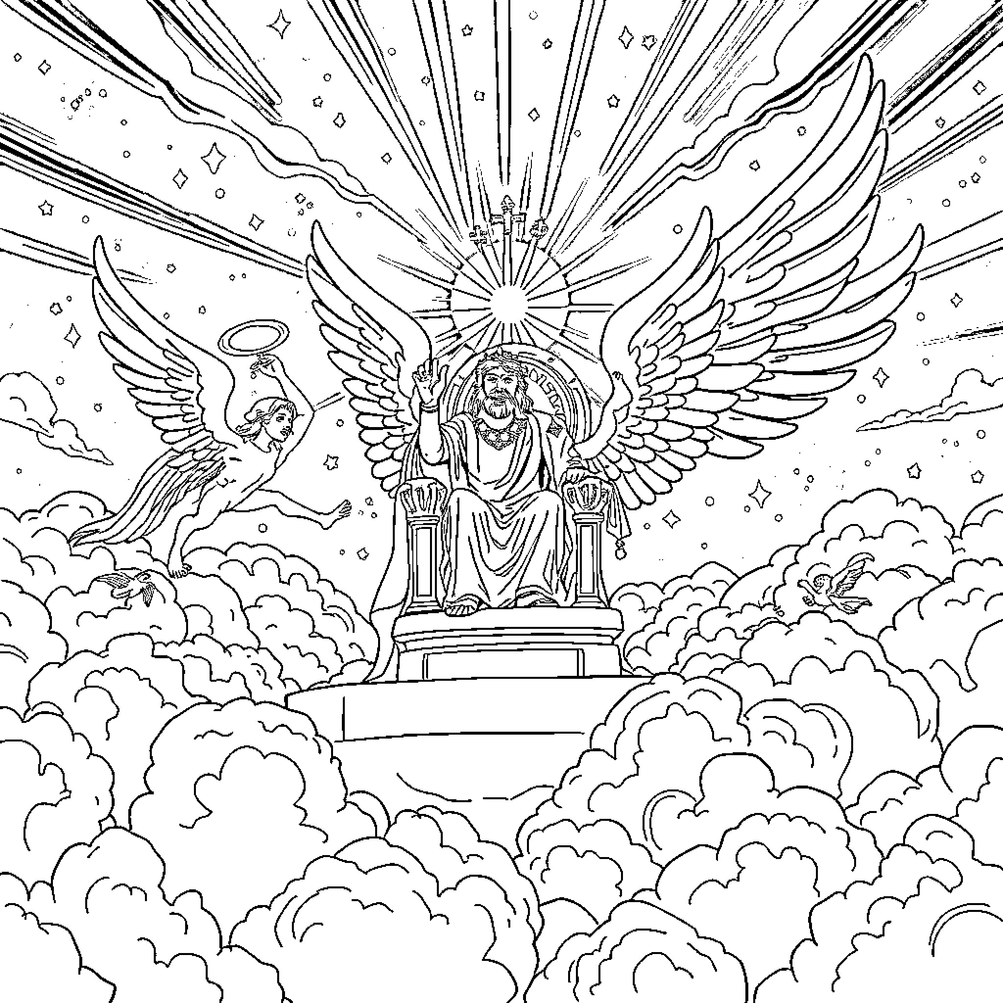 Reino of Celestial Guardians in the Ethereal Realm Coloring Page (free black-and-white line drawing printable PDF for all, from beginners to advanced learners, including children, teens, adults, and seniors)