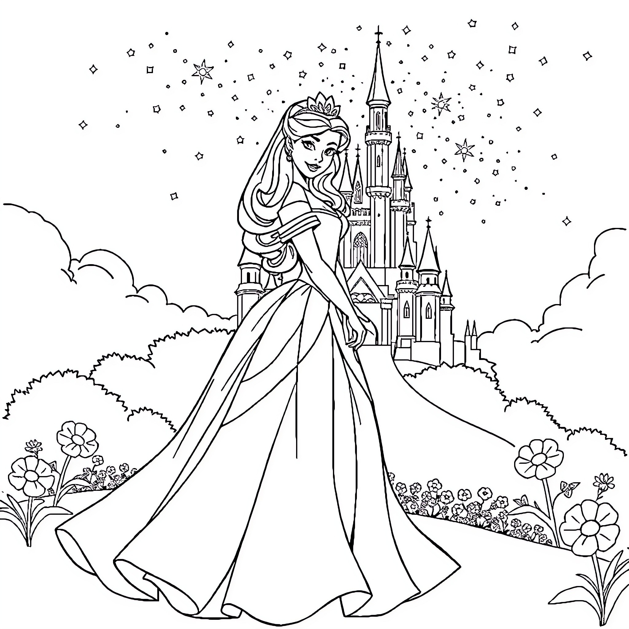 Princess in a Magical Castle Landscape Coloring Page (free black-and-white line drawing printable PDF for all, from beginners to advanced learners, including children, teens, adults, and seniors)