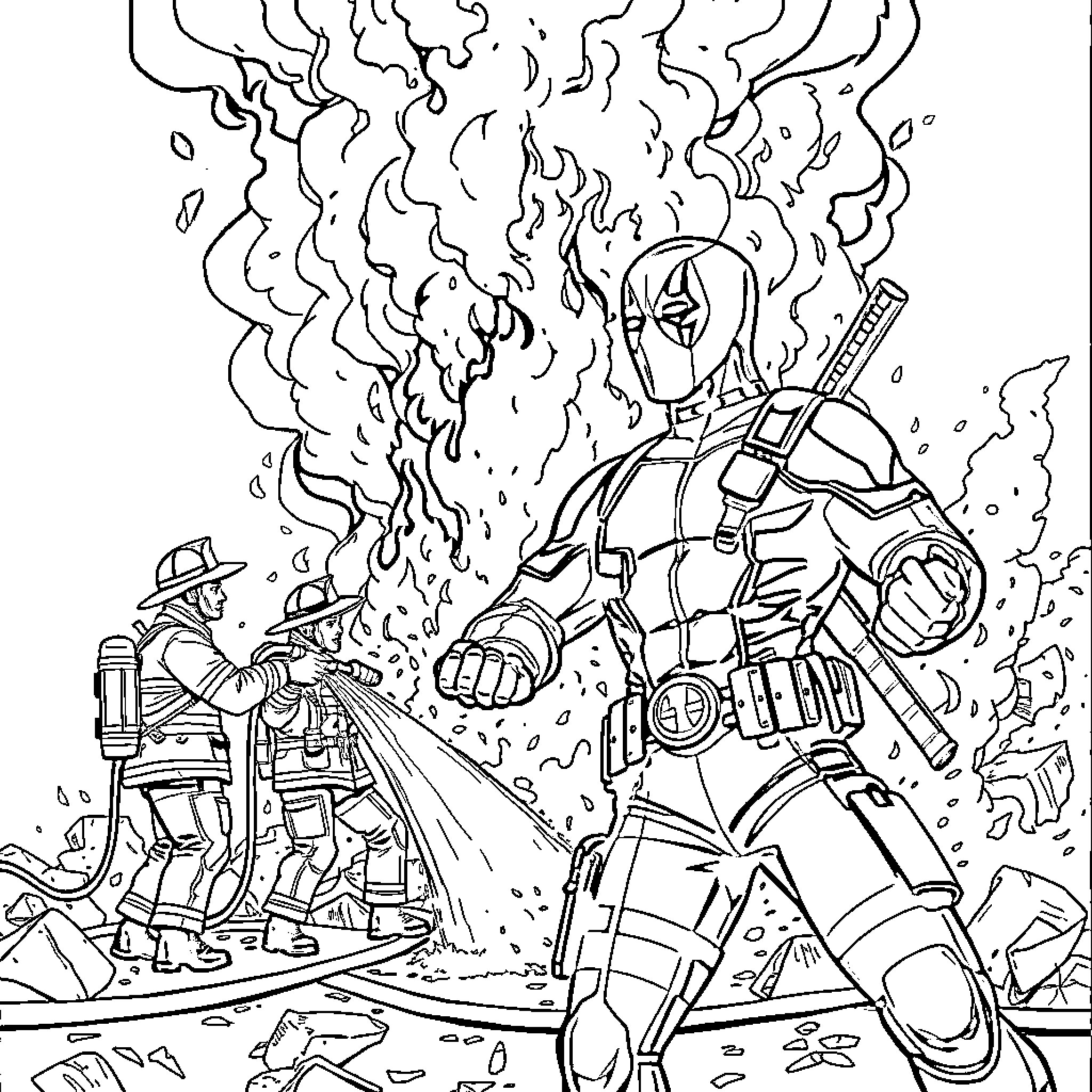 Deadpool's Fiery Showdown with Firefighters Coloring Page (free black-and-white line drawing printable PDF for all, from beginners to advanced learners, including children, teens, adults, and seniors)