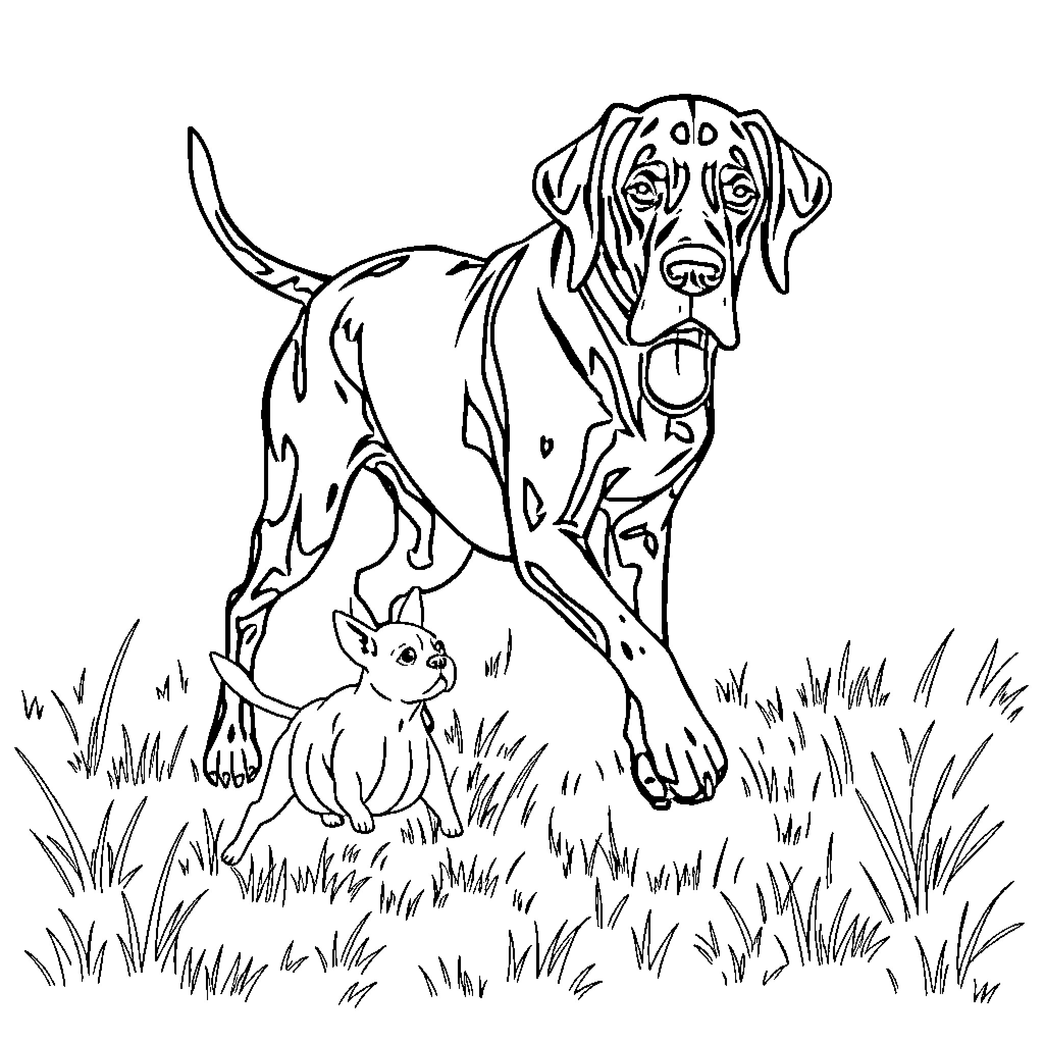 Dog investigating curious rabbit in the grass Coloring Page (free black-and-white line drawing printable PDF for all, from beginners to advanced learners, including children, teens, adults, and seniors)