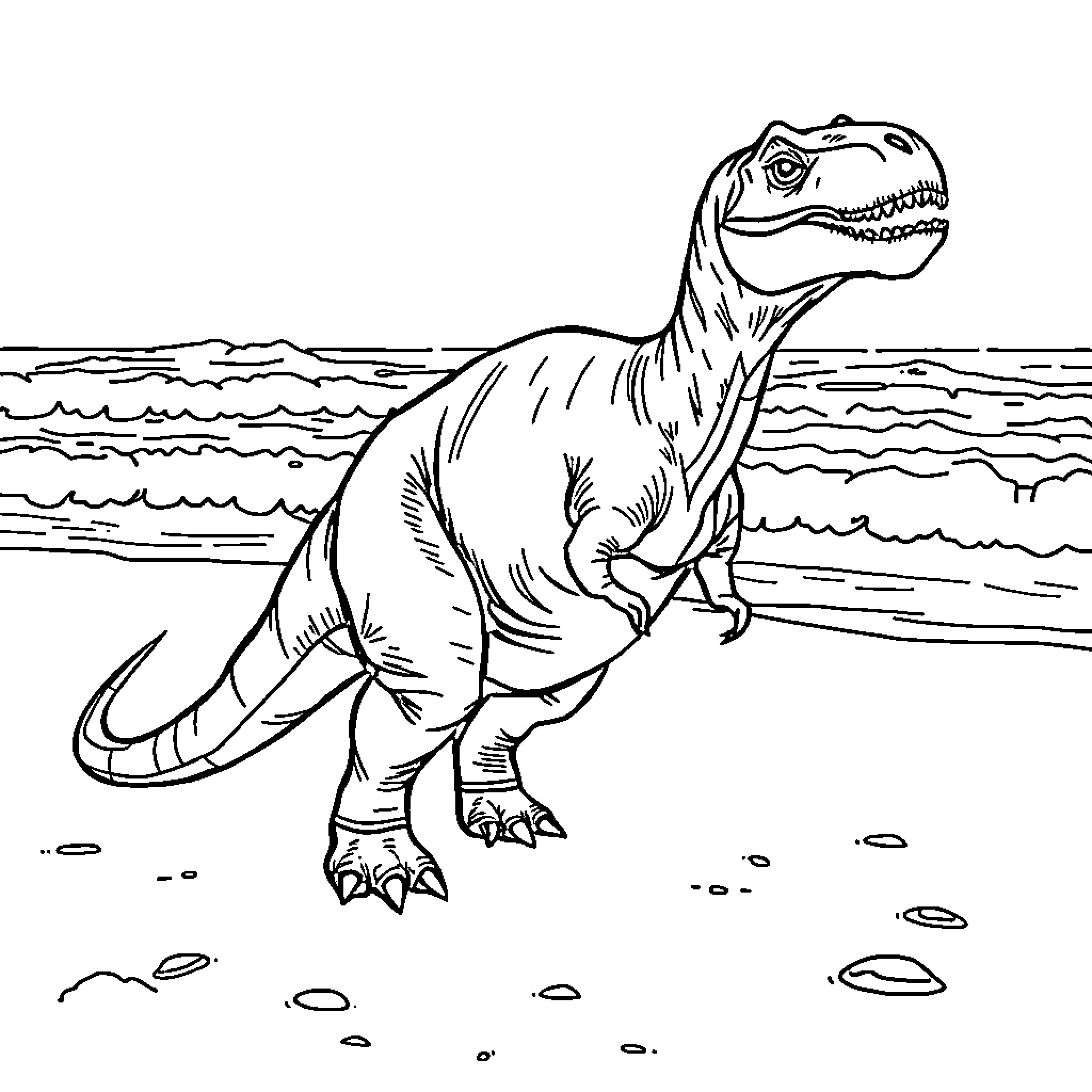 Dinosaur exploring the coastal landscape Coloring Page (free black-and-white line drawing printable PDF for all, from beginners to advanced learners, including children, teens, adults, and seniors)