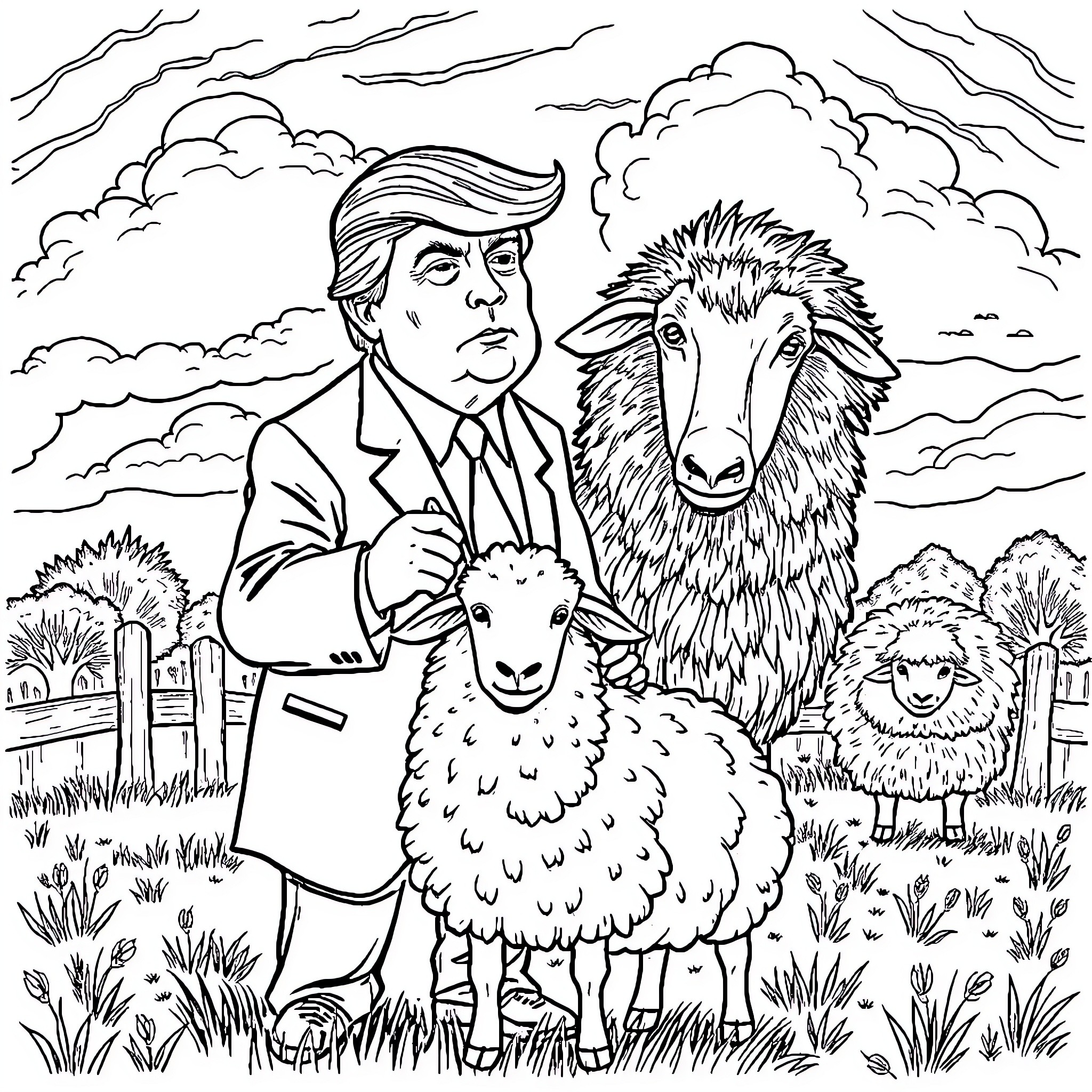 Donald Trump with sheep in a pastoral scene Coloring Page (free black-and-white line drawing printable PDF for all, from beginners to advanced learners, including children, teens, adults, and seniors)