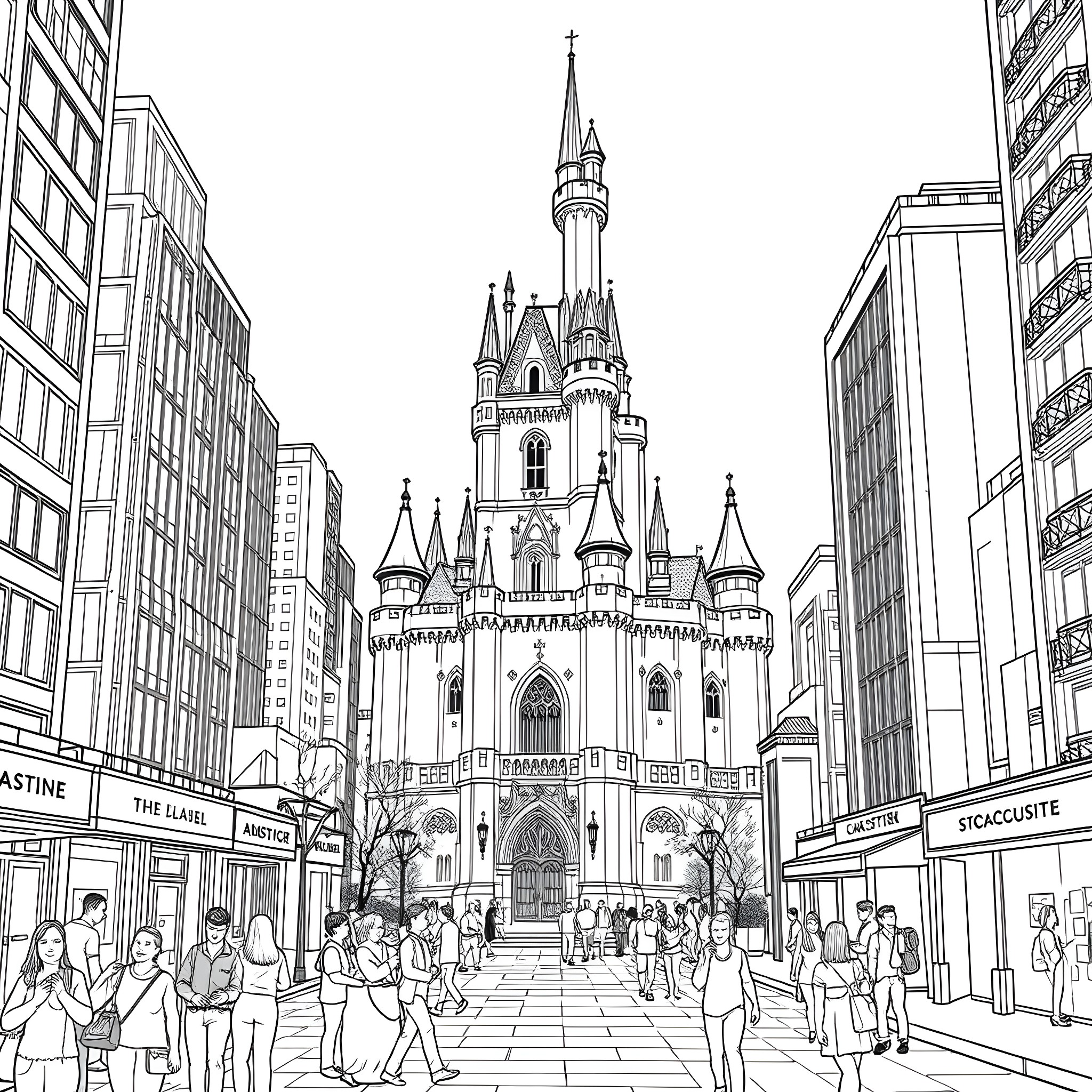 Castle with Crowd Enjoying the Scenery Coloring Page (free black-and-white line drawing printable PDF for all, from beginners to advanced learners, including children, teens, adults, and seniors)