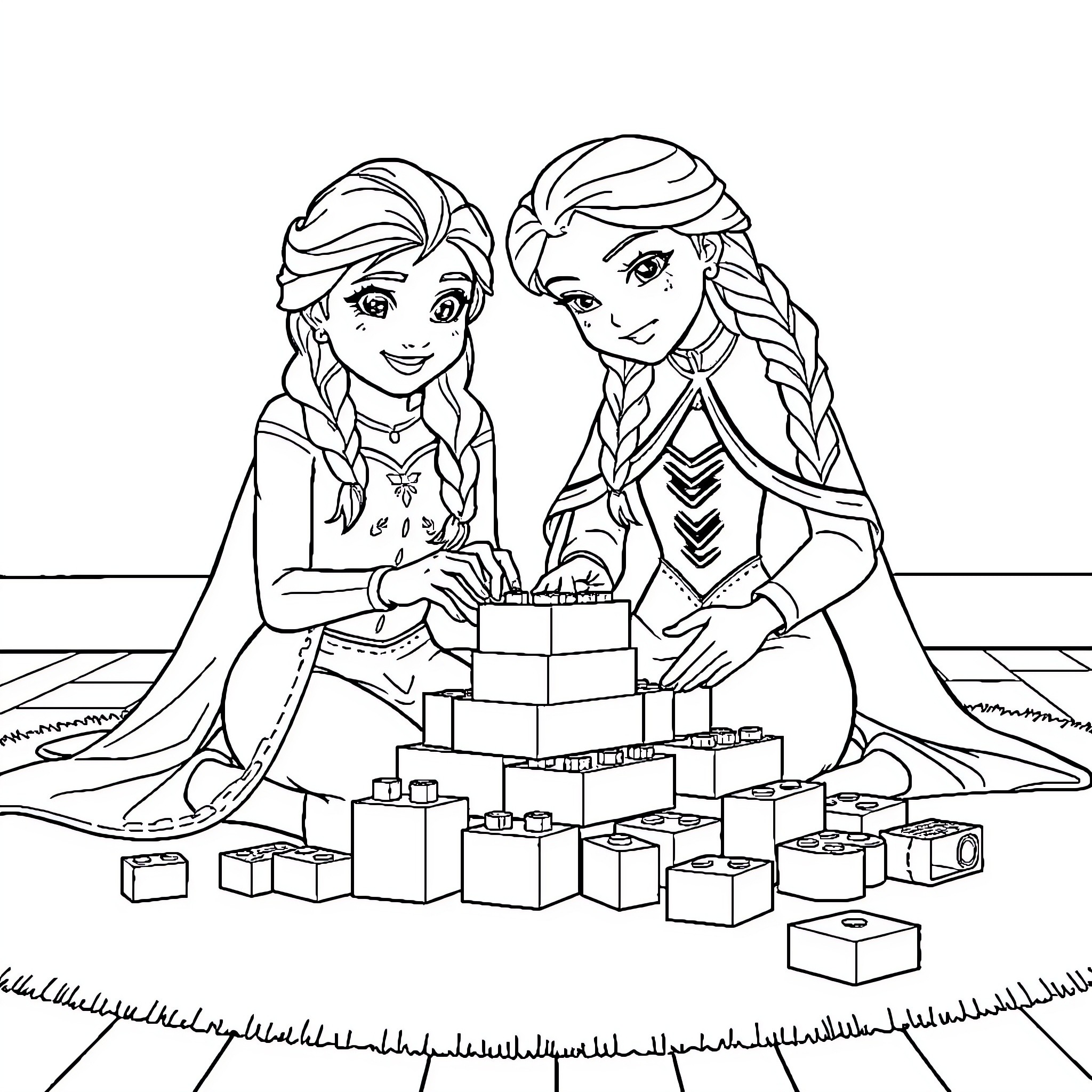 Anna and Elsa Enjoying a Playful Moment Coloring Page (free black-and-white line drawing printable PDF for all, from beginners to advanced learners, including children, teens, adults, and seniors)