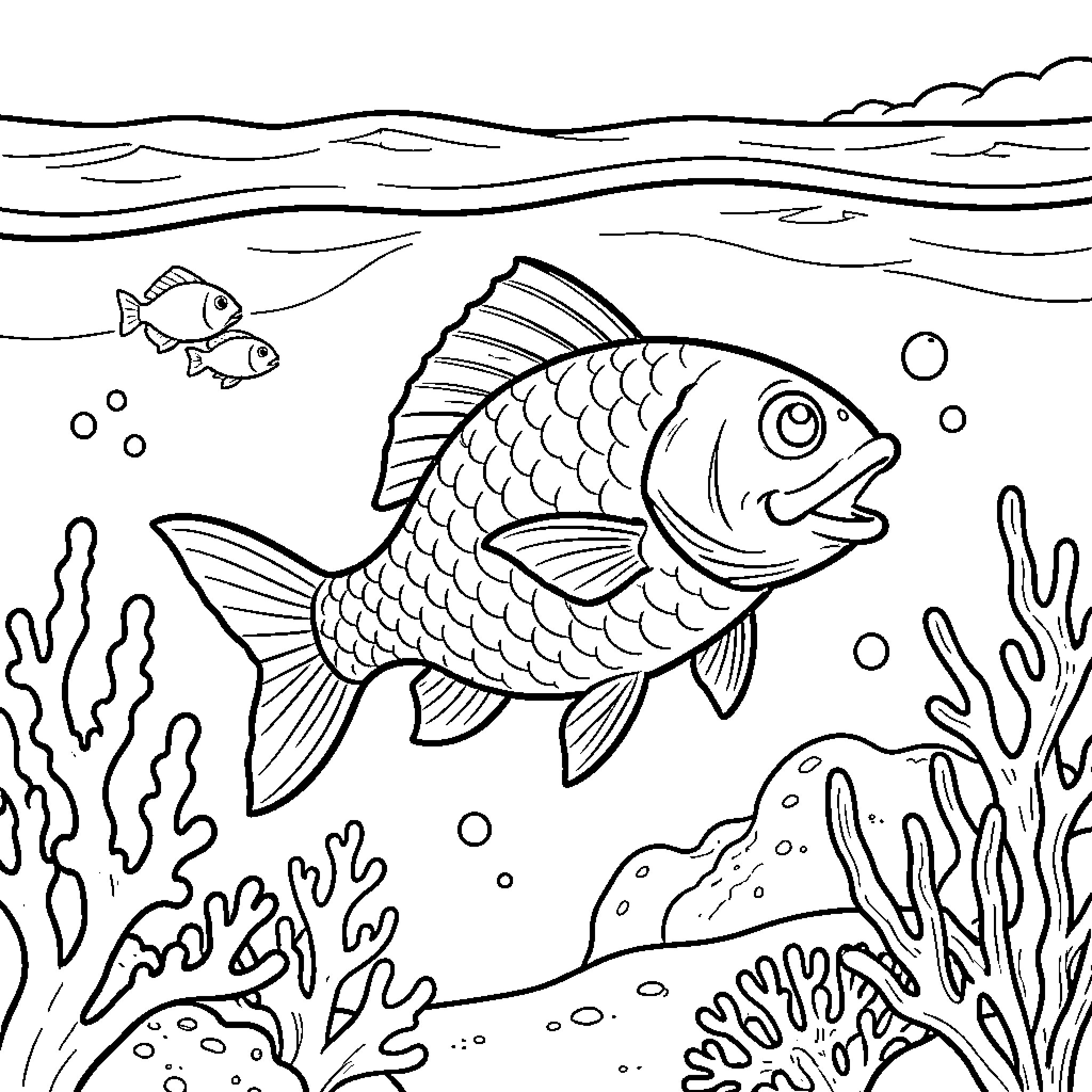Fish swimming through a coral reef underwater Coloring Page (free black-and-white line drawing printable PDF for all, from beginners to advanced learners, including children, teens, adults, and seniors)