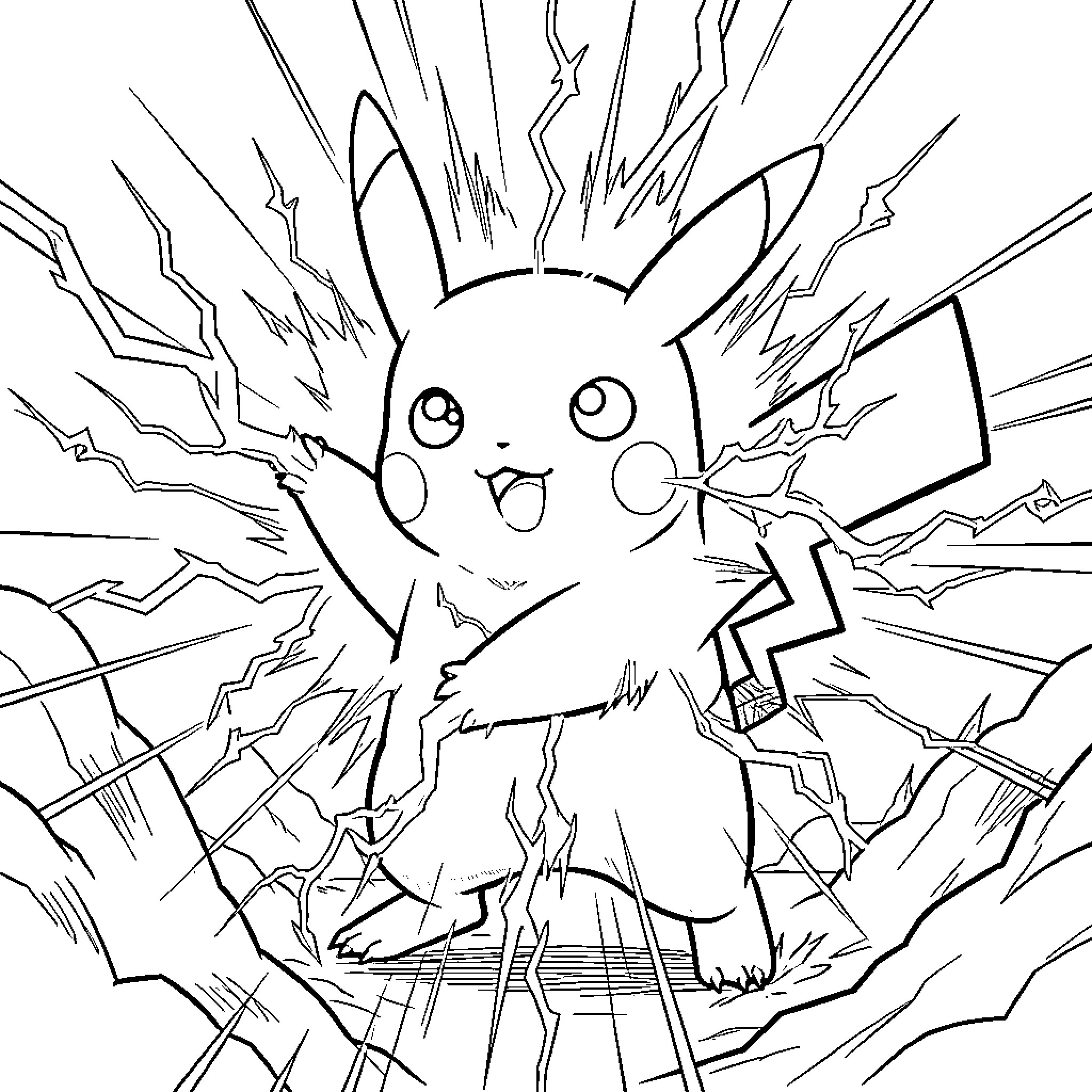 Pikachu's Electrifying Burst of Energy Coloring Page (free black-and-white line drawing printable PDF for all, from beginners to advanced learners, including children, teens, adults, and seniors)
